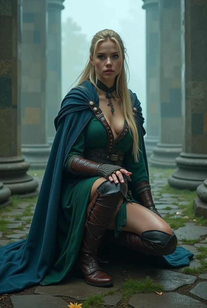 1female elf,long golden hair with two braids,olhos azuis, thin lips, rosto redondo,seios grandes com decote,wide hips wearing short red medieval tunic,gloves on hands and brown buccaneer boots,segurando uma espada rapieira fina e afiada,Female elf standing looking at viewer, redwood forest scenery(big trees in the background)