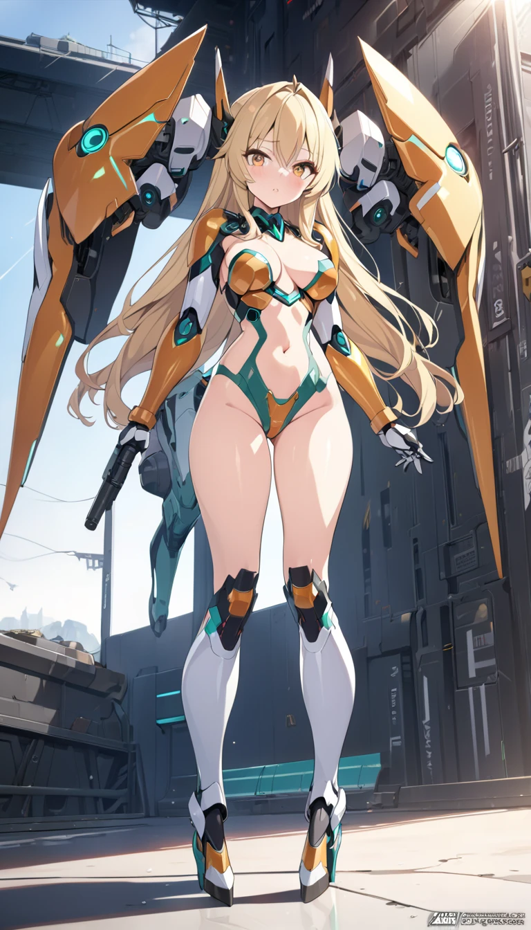 (Highest quality),Smiling girl in a revealing see-through mechanical micro bikini in yellow and orange with shiny wet skin,Gal-like ponytail,Fully transparent glass texture micro bikini armor,水色ライトの透明なMechanical Armor,(Highest quality),(8k),Mechanical Armor,Show all,(Thinly visible genitals),Accentuated breasts,Mechanical firearms equipment,Eyebrows rise,Bullish expression,Blonde,Don't blush,Laugh with your mouth closed,Standing on a white floor,White background,(Show the whole body),View your viewers