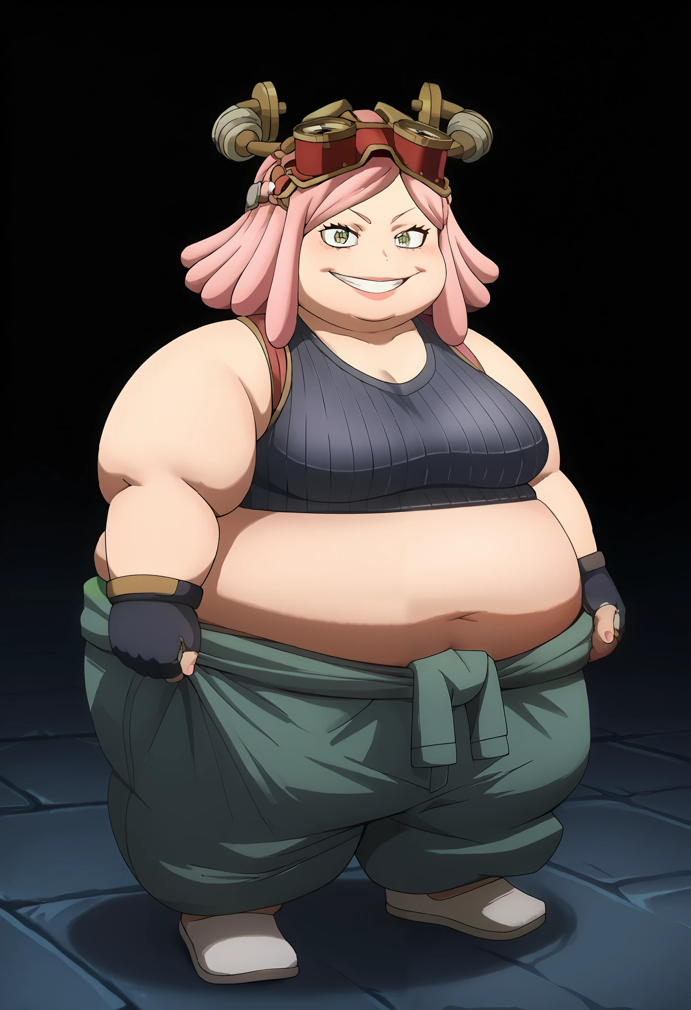 score_9,score_8_up,score_7_up,score_9,4k,HD,8k,highres,antialiasing,detailed,texture,cinematic lighting BREAK MeiHatsumeSDXL,1girl,solo,looking at viewer,shirt,gloves,bare shoulders,medium breasts,collarbone,yellow eyes,pink hair,sleeveless,black gloves,pants,fingerless gloves,medium hair,symbol-shaped pupils,tank top,goggles,goggles on head,partially fingerless gloves,clothes around waist,ribbed shirt, Phryne Jamil,
1girl, fat, chubby, obese, full body shot, smile