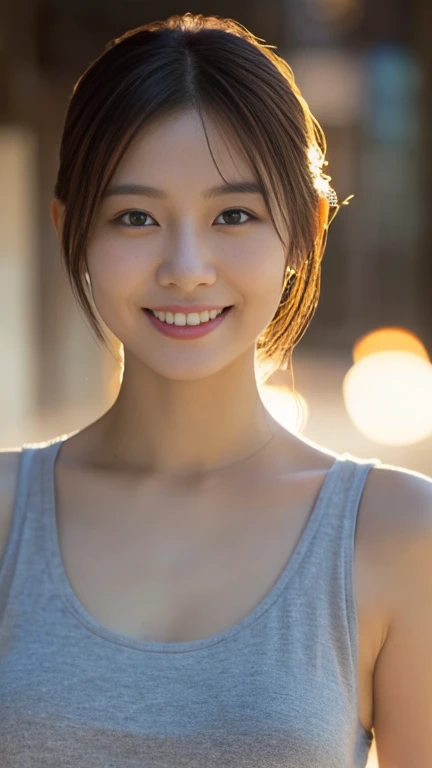 (masterpiece:1.2), Very detailed, Ultra-high resolution, (Realistic, photo Realistic:1.37), High-resolution RAW color photos, Professional photos, Dramatic lighting, Sharp focus:1.2, (Very detailed顔と肌の質感, Very beautiful eyes, Glossのある肌, Glowing Skin, Glowing Skin, Shining Face, Gloss, Oily skin, greasy face, Oily skin, greasy face, 強いGloss), (whole body:1.2), Very detailed背景, 1 female, 30-year-old woman, Japanese women, (Medium Hair, Straight hair, bangs:1.3, Brown Hair), (Lean:Weight 1.0), (Flat Chest:1.3), Female portrait photography、Upper Body, (Blurred Background、Station platform), from the front撮った写真、from the front、A little depressed、(Smile:1.5), (Tilt your head:1.3), (Bright red tank top)