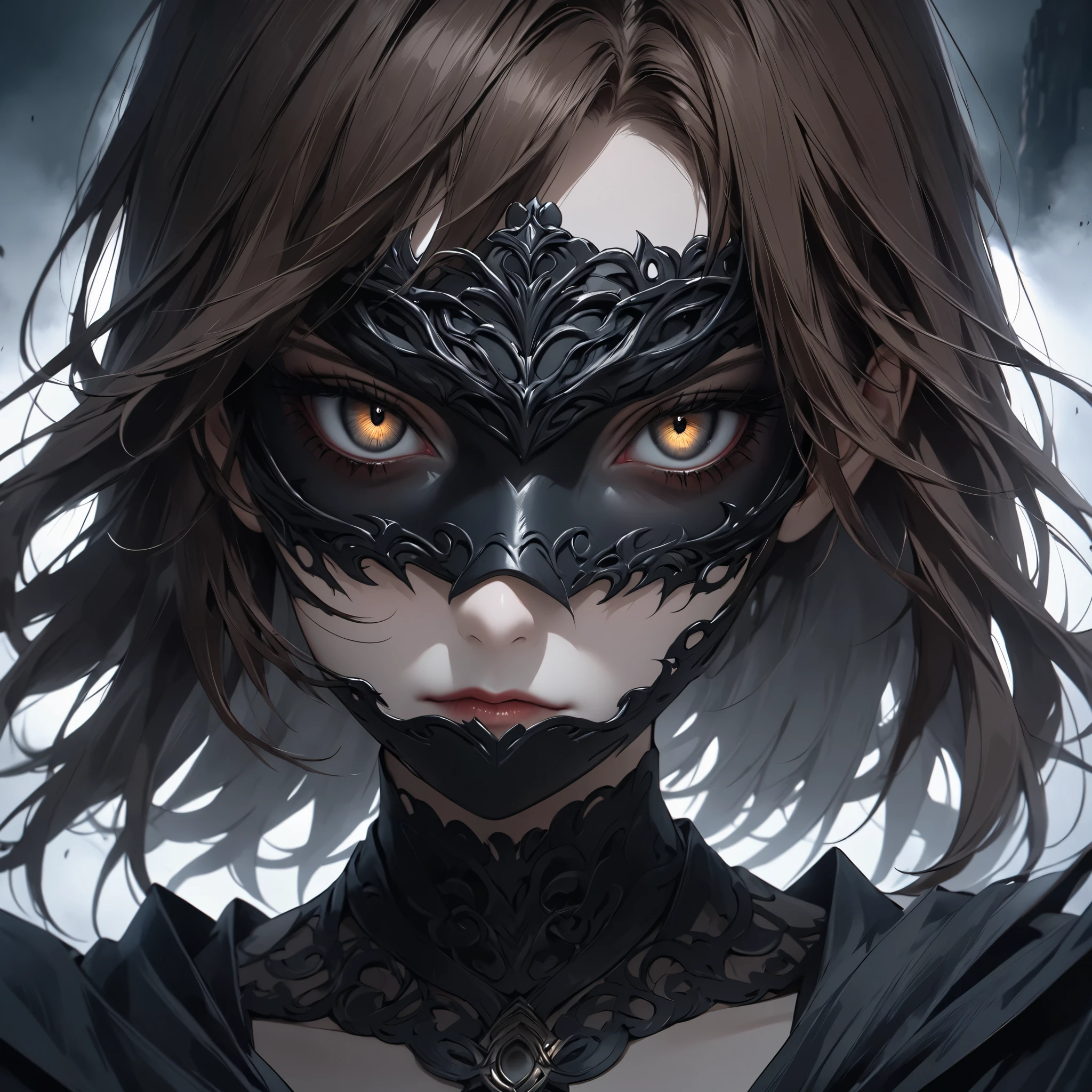 goddess, brunette, black mask, only face and upper body visible, portrait, 4k quality, mist behind, darkness in the background, very serious, scary eyes, evil eyes looking straight into camera