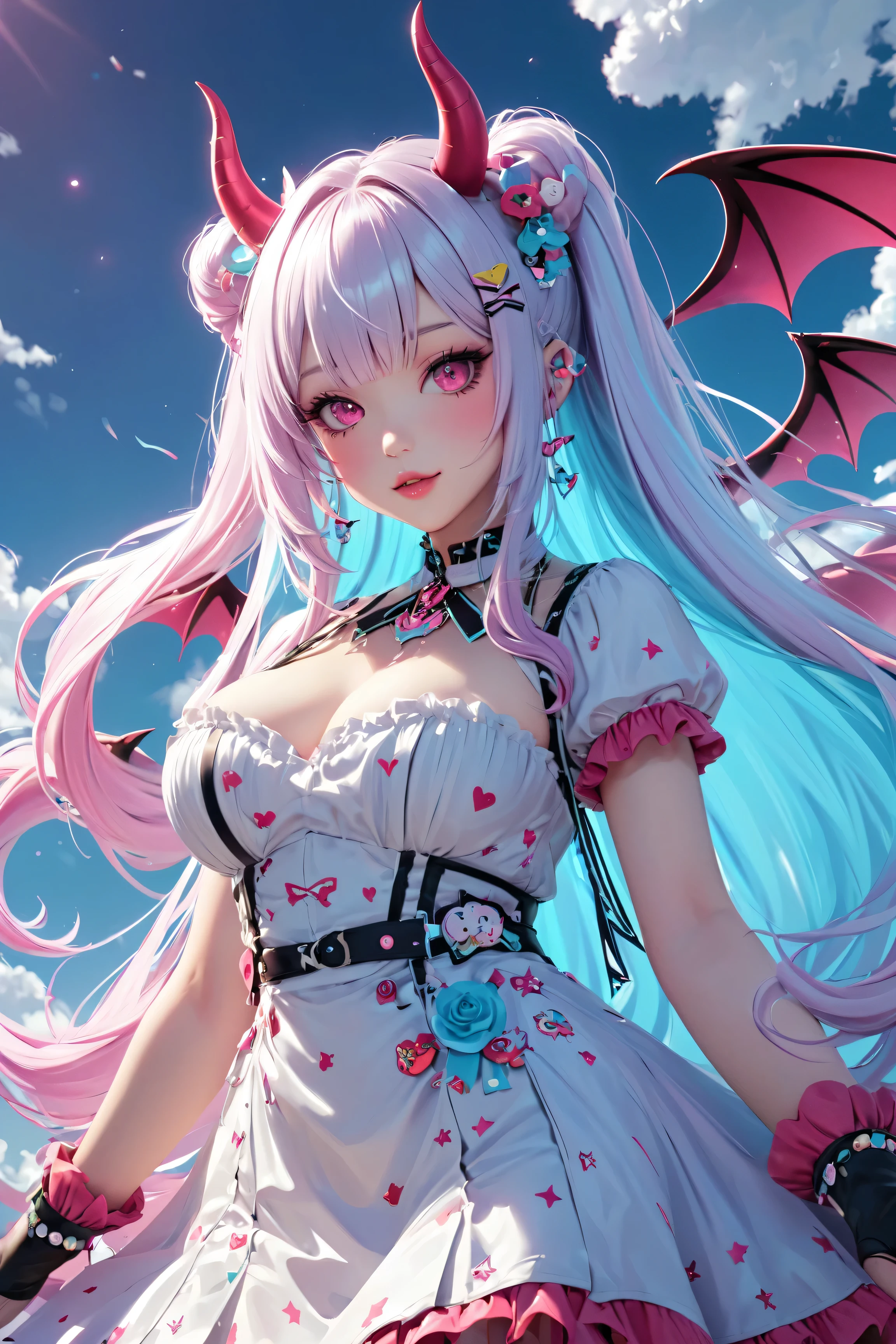 "kawaii, cute, adorable woman with pink, yellow, and baby blue color scheme. She is dressed in sky-themed clothes made out of clouds and sky motifs. Her outfit is fluffy and soft, with decora accessories like hairclips. She embodies the vibrant and trendy Harajuku fashion style." White hair, red eyes, horns, demon wings, big boobs,big ass, big lips, juicy lips, huge hair, smile