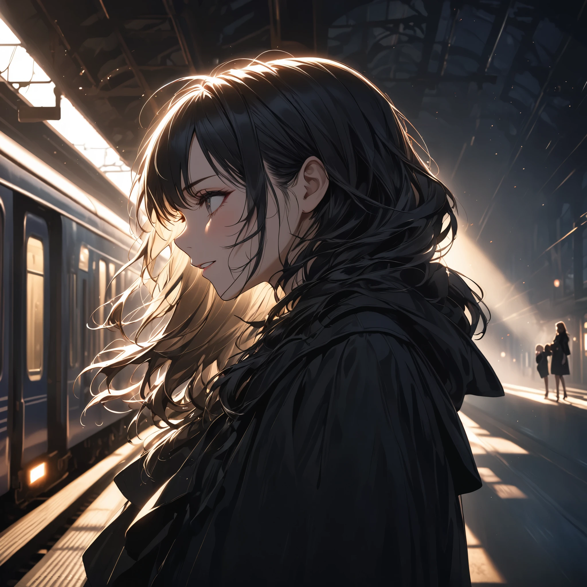 a beautiful young woman with black mask in profile, dazzling sunlight, backlit, serious adult, a couple, natural makeup, (very happy expression, rising anticipation, accompanied by anxiety, restless tension) night train station, white breath, long-awaited reunion, cinematic staging, anticipation for the day ahead, sweet time with first love, gothic, darkness, shadows behind, dark