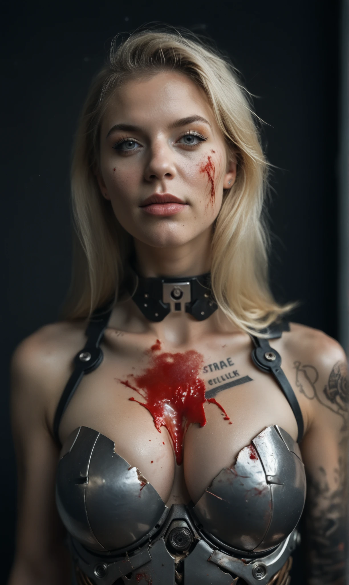 a highly detailed portrait of an iron man female, battle damage, right arm exposed, broken chest armor, blood splatters, broken left leg armor, short hair, perfect face, white hair, dramatic lighting, cinematic composition, hyper realistic, 8k, photorealistic, (best quality, 4k, 8k, highres, masterpiece:1.2), ultra-detailed, (realistic, photorealistic, photo-realistic:1.37), HDR, UHD, studio lighting, ultra-fine painting, sharp focus, physically-based rendering, extreme detail description, professional, vivid colors, bokeh