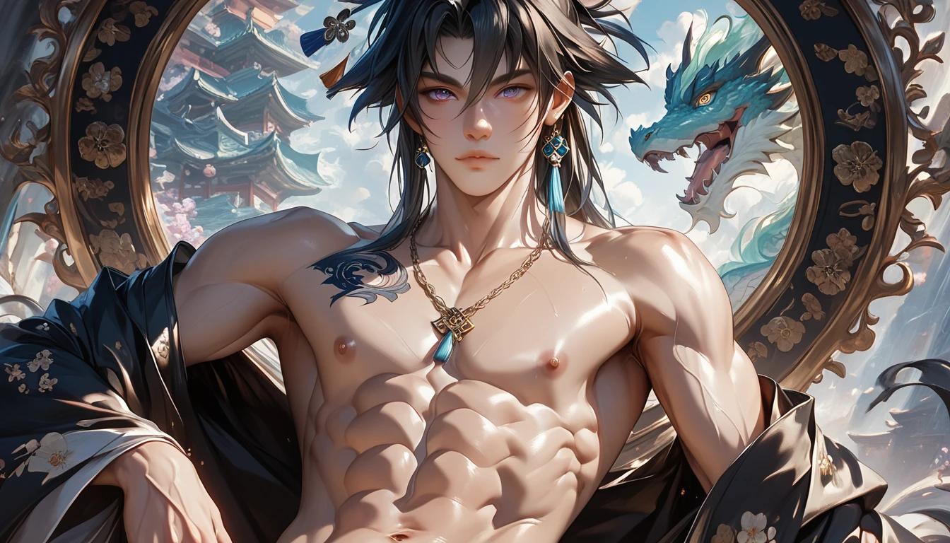 Realistic,Hot muscular Male concubine in the Han dynasty on his knees with legs spread apart, wearing an ancient revealing Chinese dress with a tight thong a huge bulge with long silky hair and masculine features with a serious face looking at the ground.Battle scars