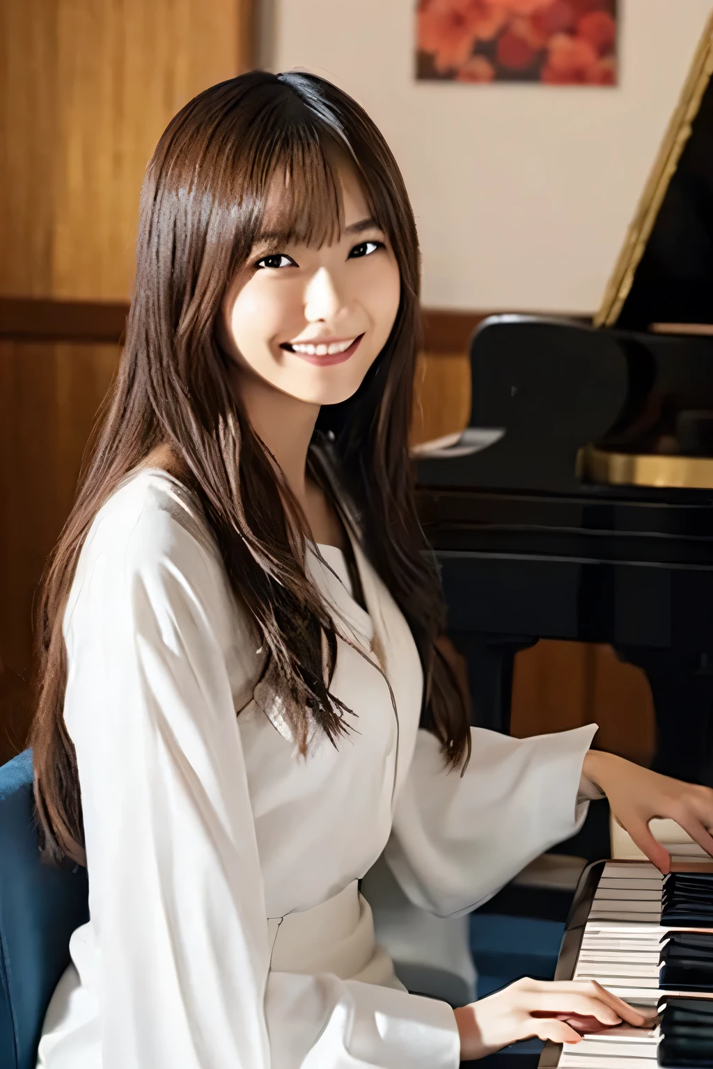 Japanese beauty playing piano with a smile、 Slender 、
