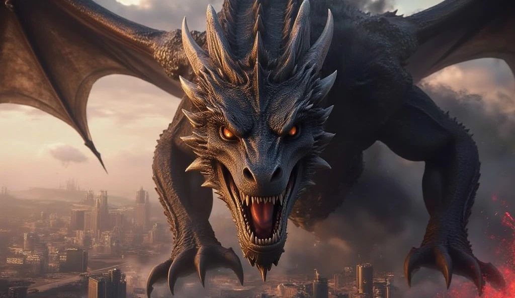 Realistic photos, RAW Photos, dragon, attacks viewer, Powerful movements, jump on prey, ((Dynamic jump)), Sharp Claws, dragon approaching from above, sudden approach, Bad-tempered, dynamic Shot from grand