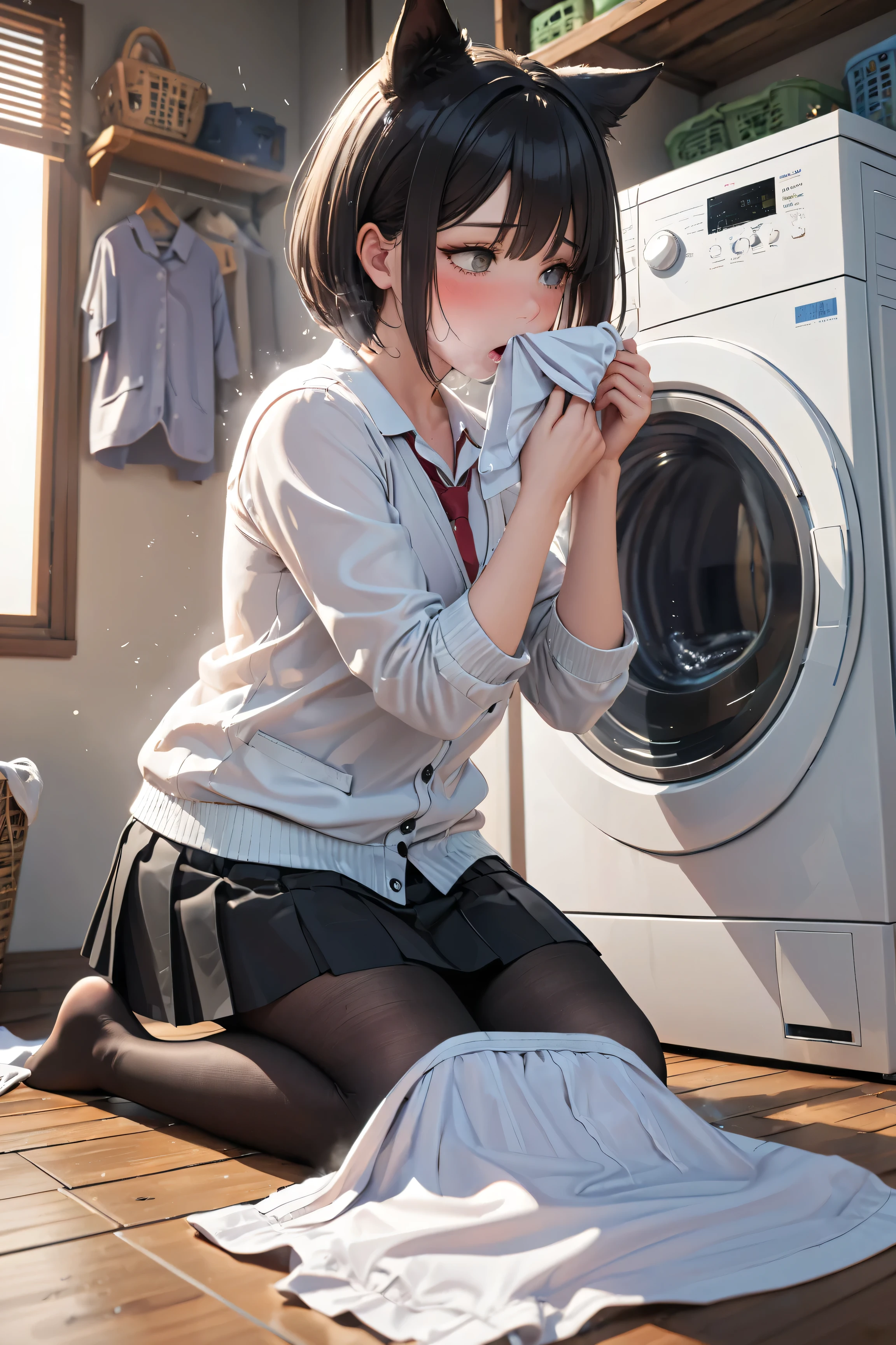 (masterpiece,beautiful,hughres,CG,8k,16k,best quality,high-resolution,detailed fingers,detailed hands,detailed legs,detailed eyes:1.5),anime,source anime,illustration,panties focus,1girl,Alone,(indoors,a washing machine ,laundry basket:1.5),(on floor:1.2),(black hair:1.5),(short hair:1.5),(school uniform,white shirt,Cardigan,black tights,pleated skirt,black skirt,Cat ears:1.3),(white panties:1.6),small breasts,sitting,(smelling clothes,smelling,kunka:1.4),covering mouth,(skirt tug:1.5),(My legs,folded:1.4),(female orgasm,pussy juice:1.3),(trembling:1.4),(gasping,heavy breathing,blush:1.5),(impatience1.1),flustered,(fidgeting around:1.4),(steam:1.2),(sweat skin:1.4),(streaming tears:1.2),drooling,looking away,(looking down:1.4),(spoken heart:1.2),(narrow one's eyes:1.6)