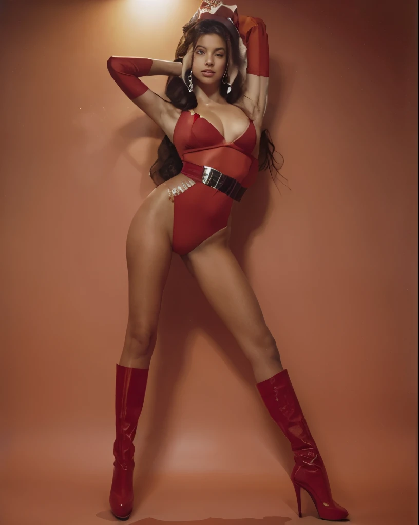 Best quality, 8k, vivid color, woman, fashion red micro dress, tan tights, studio pose, white scenario
