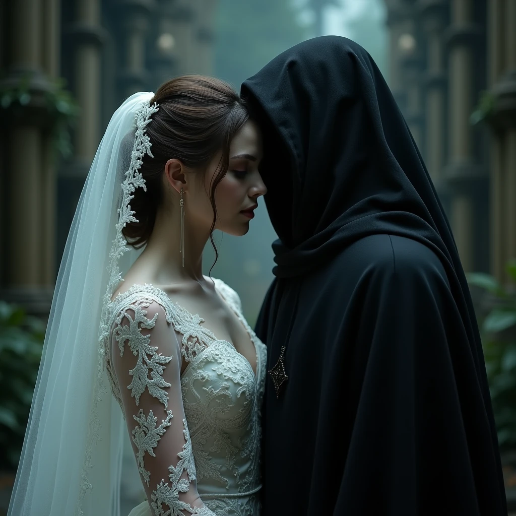 Create an image where a boy and a girl are inside a butterfly house. She has a white nightgown and long hair.. The boy has a black hooded suit. She has her back to him while he speaks in her ear. more realistic and both are separated. They are both adults. MORE ADULTS AND HE IS BEHIND HER. BOTH SEPARATED AND MORE BUTTERFLIES. SEPARATED PLEASE LET THEM BE SEPARATED. more butterflies and the girl is holding a dagger. She has a white nightgown on. more realistic. HE HAS HIS FACE MORE COVERED. They are face to face. Please improve it please improve it once more. THE FACE OF THE MOST COVERED PLEASE. She has the dagger at her neck. THE DAGGER IS CLOSER TO HIS BODY. more realistic