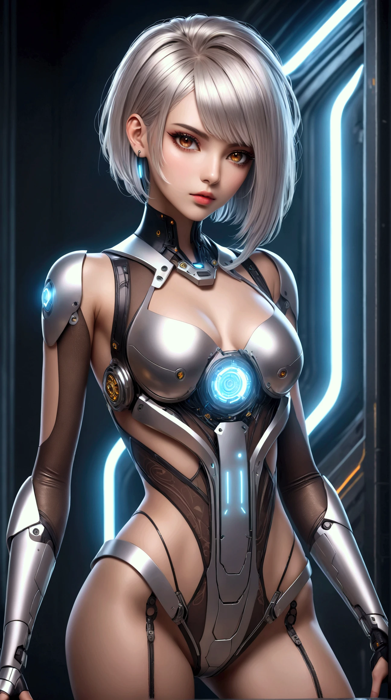 Anime style, better effects, 8k, better lighting, cyberpunk style, vivid colors. Android woman with blue eyes and shoulder-length white hair and a body with white robotic parts. Full body, image with extreme quality