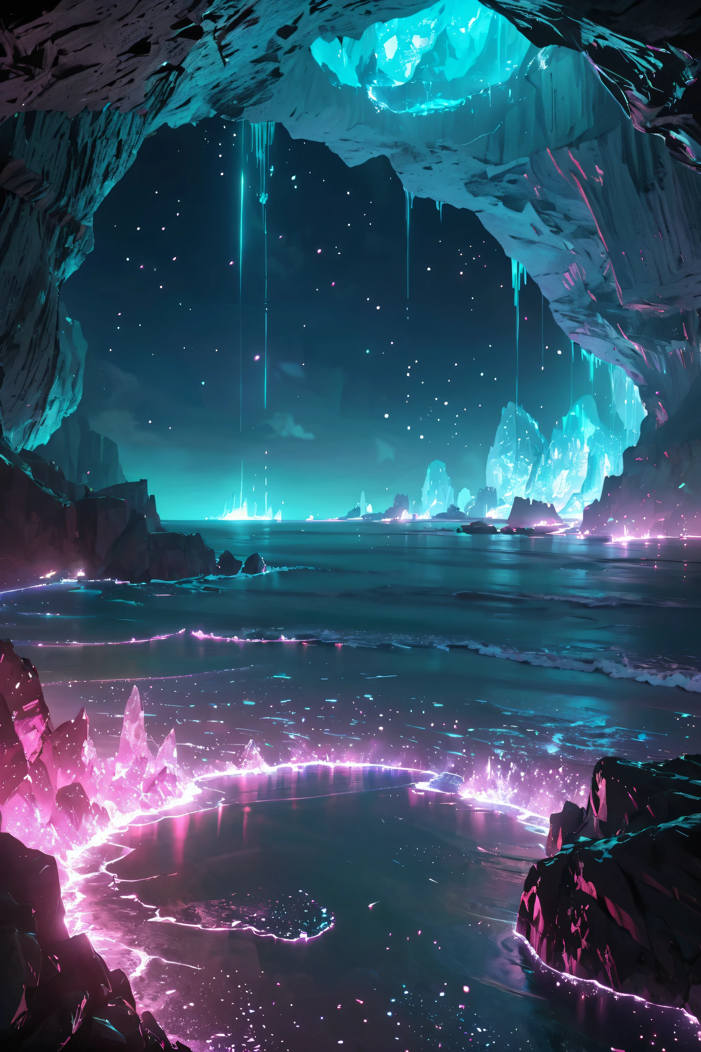 An open cave in the rock sprinkled with small bioluminescent crystals whose entire face is open to the ocean, creating a small beach out of sight