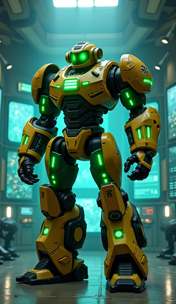 Massive muscular warbot inspired by Kim Possible, standing in a high-tech, action-packed mission control room filled with holographic displays and digital maps. The warbot’s body is a combination of green, black, and tan, reflecting Kim’s practical yet dynamic nature. It features a sleek, tactical design with reinforced limbs and a utility belt equipped with various gadgets. The faceplate is determined and confident, with glowing green eyes, symbolizing Kim's readiness for any mission. Neon green and black lights pulse across its body, casting a vibrant glow as the warbot stands amidst advanced tech, prepared for any challenge that comes its way.