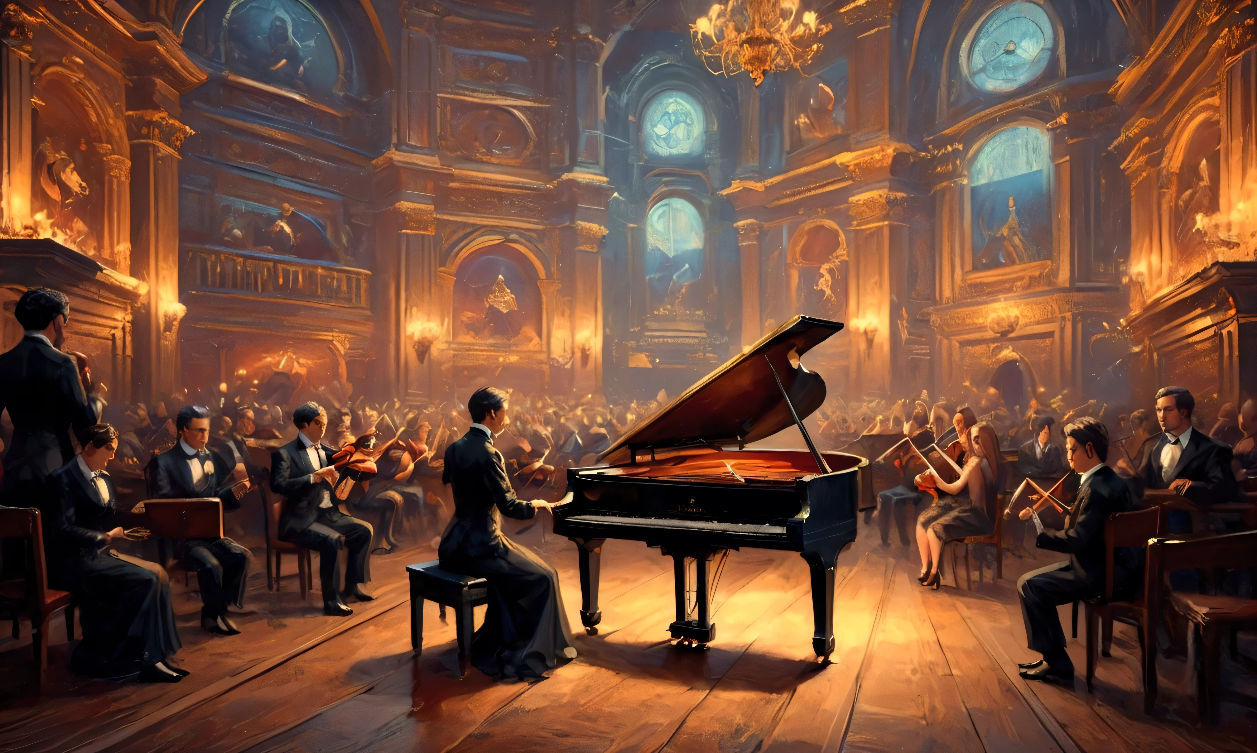 a Orchestra dress, vector art by INO, plying on piano , lagendary , no type, electrixbunny, epic graphic design, old style culture, anime style”, cartoon artstyle, digital art , Epic Choral, evil, demo