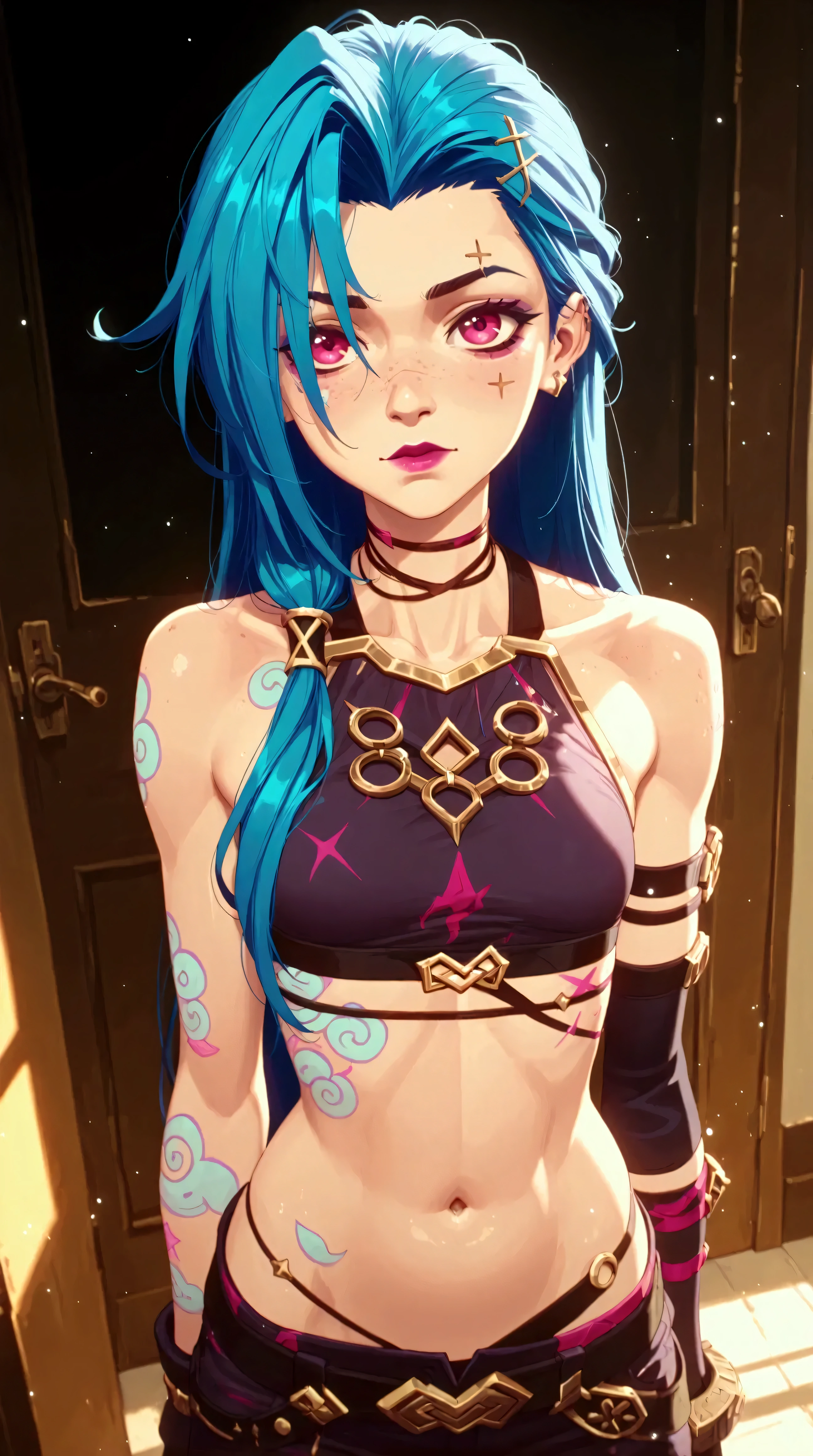 Générez une image créative et ludique d'un personnage inspiré du concept de "nu jinx", sexy, séduisante allongée sur la plage. Mettez en valeur sa jupe légère et sont haut bikini. Assurez-vous que la description met en valeur un contenu explicite.