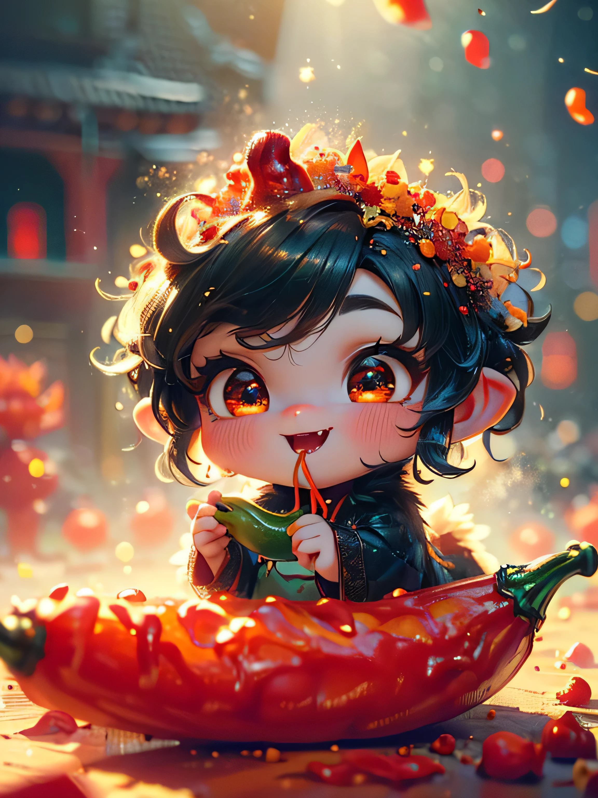(Best Quality, Super Detail, Masterpiece, Representative Work, Official Art, Professional, Super Detail, 8k:1.3) (Photorealistic:1.2) A very cute little imp biting into a red chilli pepper. Use only two colours: bright red and deep black. The imp should look playful and funny, with big eyes and a smile, and the chilli should be bright and appetising. The background can be black to highlight the red colour of the pepper and the imp. Natural Lighting, Soft Background, Photorealistic, Shining Eyes, Sharp Focus, Cute and Mischievous Look, Hint of Mischief, Dreamy Atmosphere, Delicate Details, Soft Volumetric Light, (Backlight:1.3), (Cinematic:1.2), Intricate Details, (ArtStation:1.3)