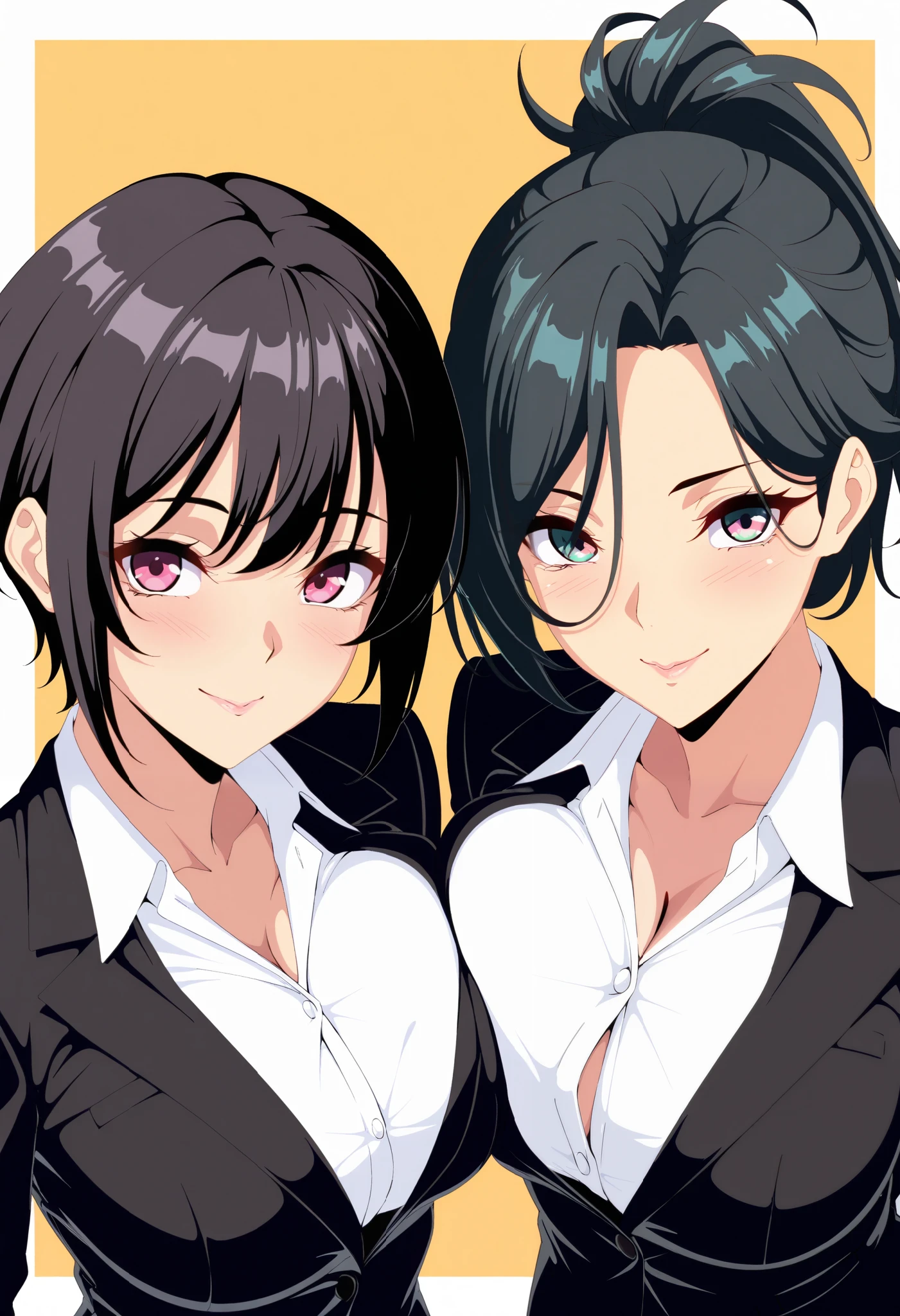 (masterpiece), best quality, two women, one is a tomboy who has short black hair and pink eyes, the other is a mature milf who has long black hair in a ponytail with bangs and teal eyes, both women wear black suits with ascots, Theobrobine
