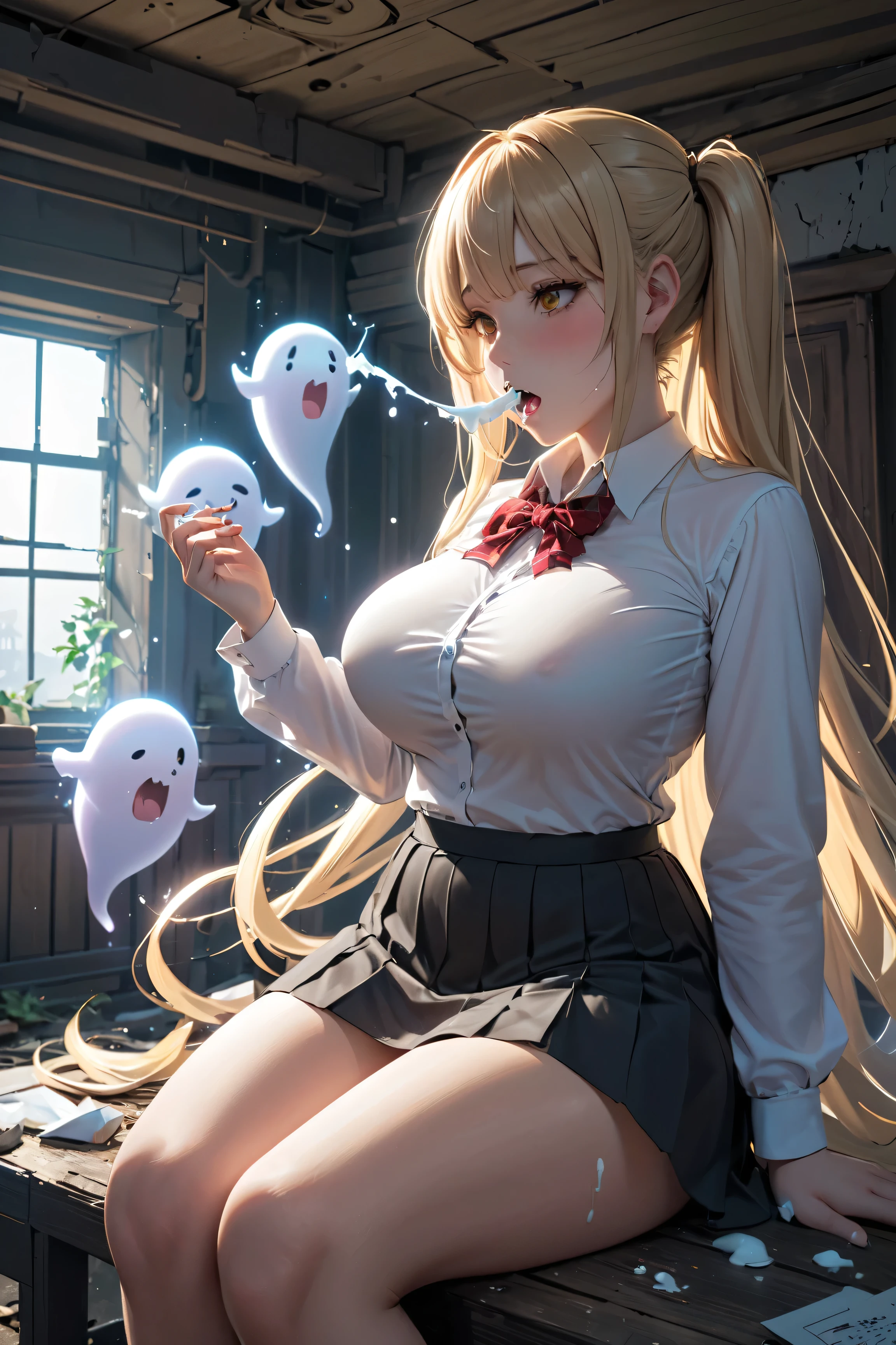 sfw, masterpiece, Best Quality, High resolution, detail hands, detail fingers, detail face, detail leg, perfect lighting, Glossy skin, (1girl, solo, detail girl, 20years old girl), cute girl, (pigtail hair, blonde Hair, brown eyes, large breast, Thick Ass,chubby butt), (school uniform, white shirts, suit skirt, ripped long black tights, Ripped tights, Long Sleeve), (morden, ruin mansion, room), (dim, gloomy, room), (Ghost,attacked by Ghost,Ghost Invasion,Ghost goes into mouth,mouth fucked by Ghost,mouth fucked Ghost,Ghost cum in mouth,force feeding Ghost,extending from Ghost,Ghost fattening,many Ghost, Breast expansion), (puffy nipples:0.7), (sweat:0.6), (emotinless, empty eyes), (looking above, sitting),