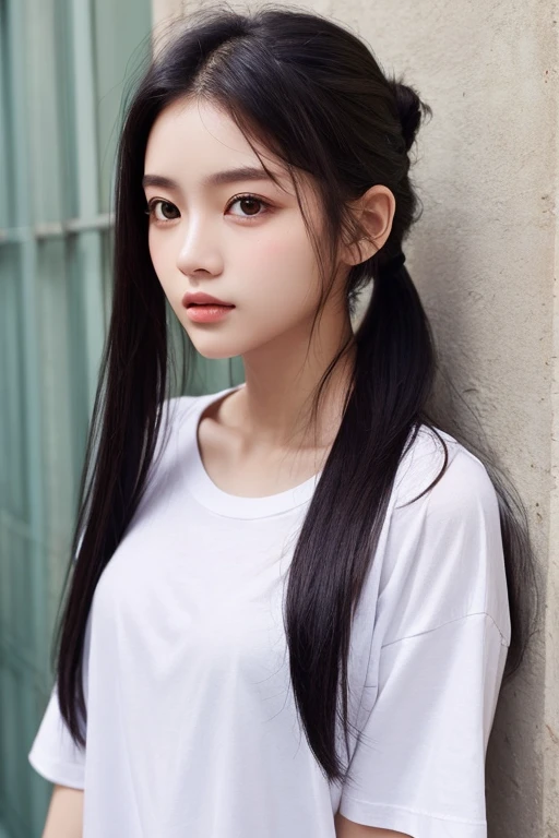 年轻,Knees,(Sleeveless,Black T-Shirt Dress),A dark-haired,Twin-tailed,poneyTail,delicate and petite body,An amusement park