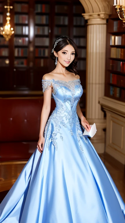 (Majestic style, Sophisticated and elegant, Sacred and Mystical:1.2),(wearing ball gown dress:1.2), In the hallway of Schloss Neuschwanstein、