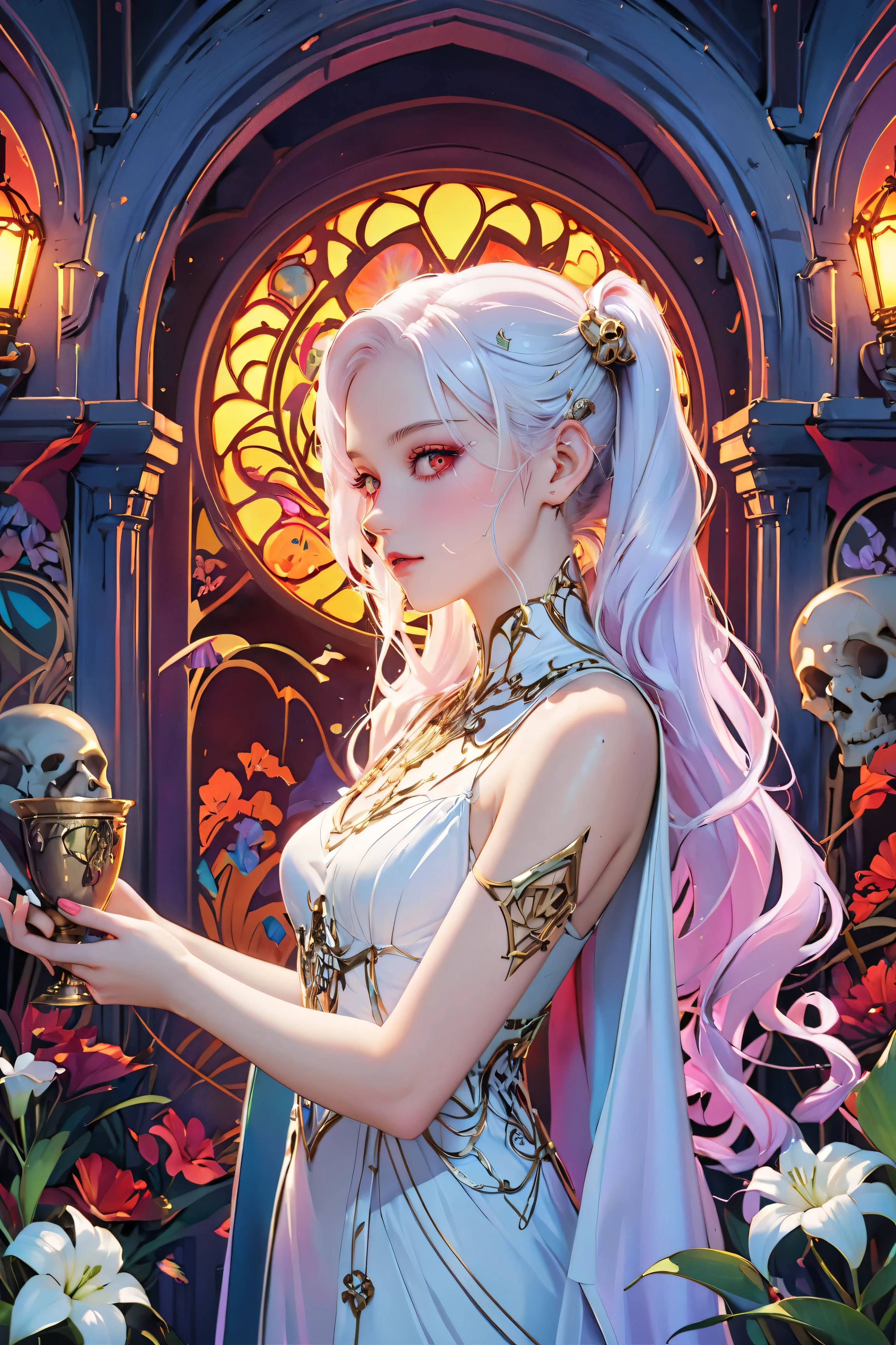 SFW,masutepiece, Best Quality, High resolution, 1girl, upper body, Details , detail hands, Detail fingers, Detail Face, detail legs, watercolor paiting, in graveyard, white hair, pigtails, wavy hair, white clothes, red eyes, skull, bone, (art nouveau:1.25), Maximalism artstyle, neon theme, suprematism, beautiful detailed eyes, hyper detailed, beautifuly color, high details, high quality, back light, upper body, high quality, hair with body, white lilys, evil grin, human hands, priest, poisoned chalice