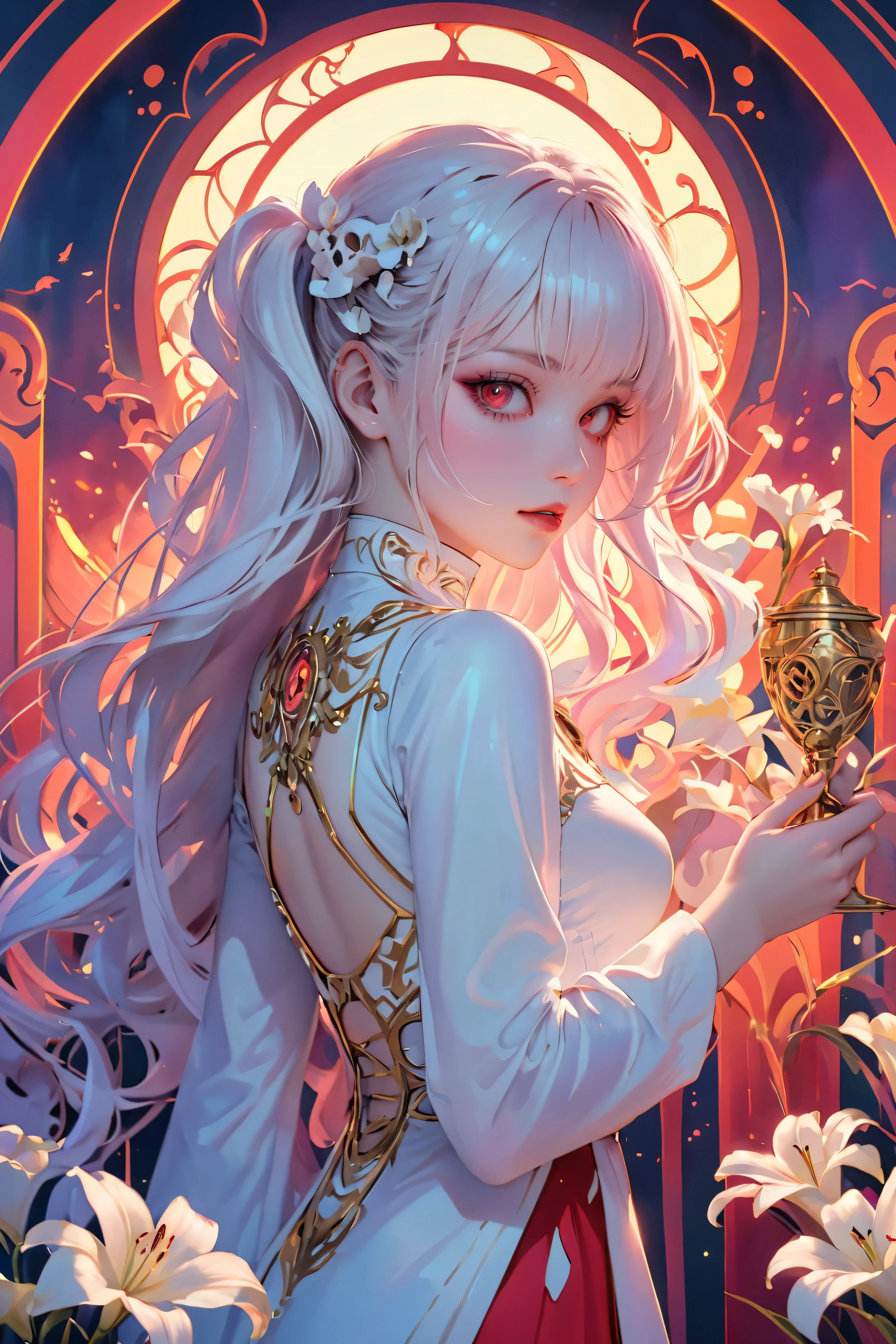SFW,masutepiece, Best Quality, High resolution, 1girl, upper body, Details , detail hands, Detail fingers, Detail Face, detail legs, watercolor paiting, in graveyard, white hair, pigtails, wavy hair, white clothes, red eyes, skull, bone, (art nouveau:1.25), Maximalism artstyle, neon theme, suprematism, beautiful detailed eyes, hyper detailed, beautifuly color, high details, high quality, back light, upper body, high quality, hair with body, white lilys, evil grin, human hands, priest, poisoned chalice