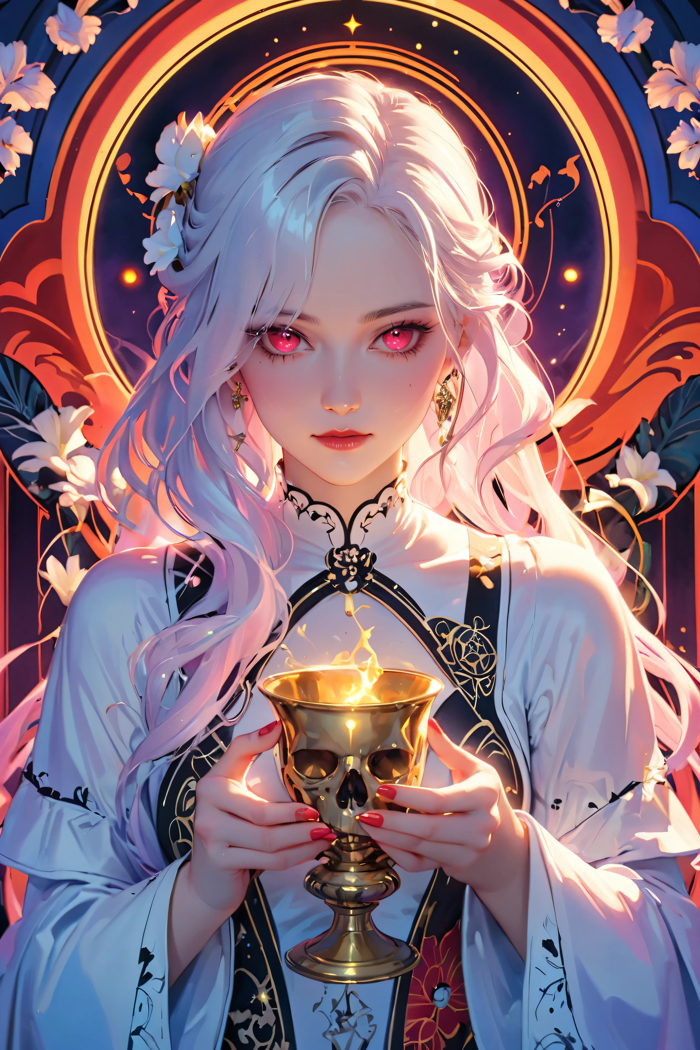 SFW,masutepiece, Best Quality, High resolution, 1girl, upper body, Details , detail hands, Detail fingers, Detail Face, detail legs, watercolor paiting, in graveyard, white hair, pigtails, wavy hair, white clothes, red eyes, skull, bone, (art nouveau:1.25), Maximalism artstyle, neon theme, suprematism, beautiful detailed eyes, hyper detailed, beautifuly color, high details, high quality, back light, upper body, high quality, hair with body, white lilys, evil grin, human hands, priest, poisoned chalice
