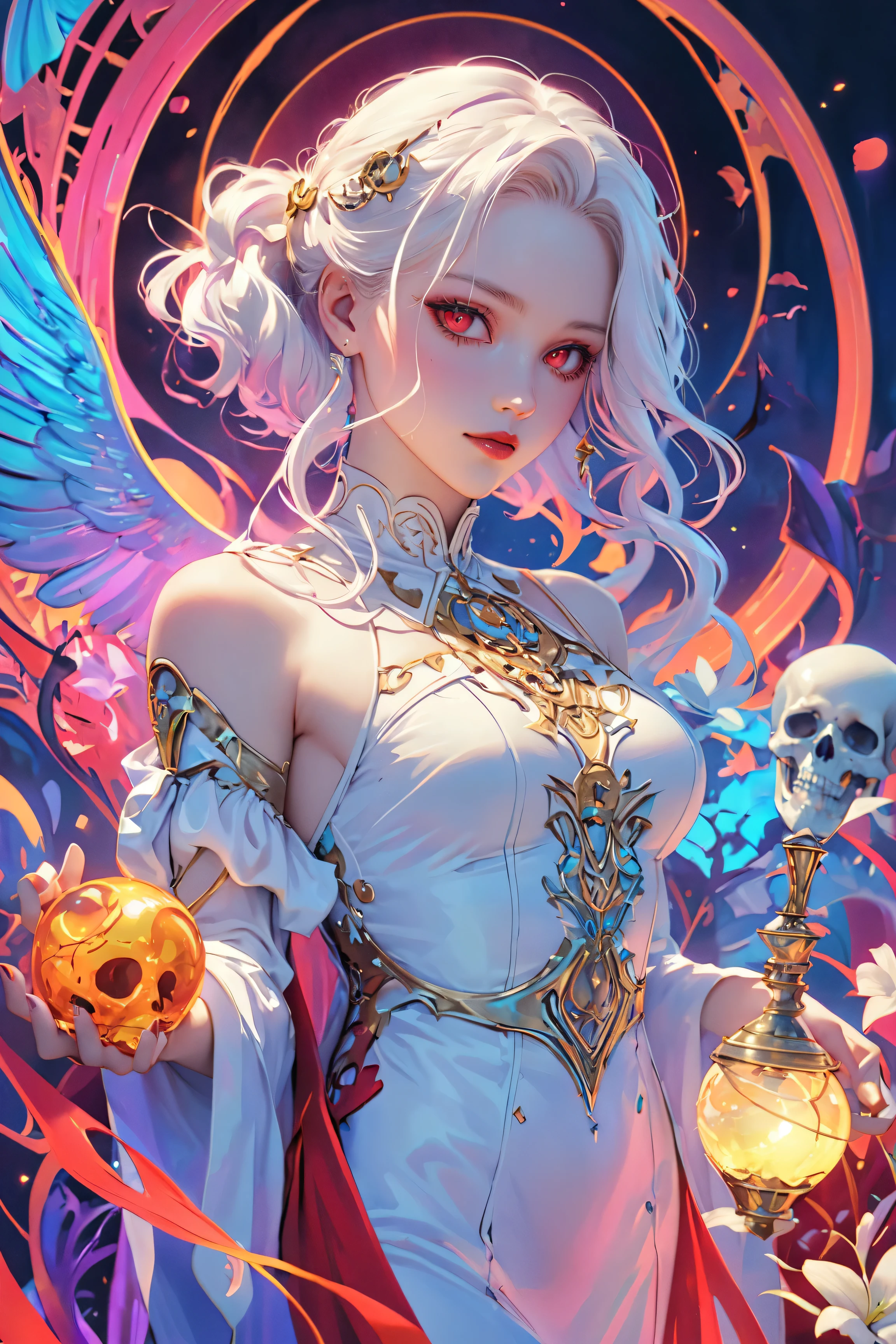 SFW,masutepiece, Best Quality, High resolution, 1girl, upper body, Details , detail hands, Detail fingers, Detail Face, detail legs, watercolor paiting, in graveyard, white hair, pigtails, wavy hair, white clothes, red eyes, skull, bone, (art nouveau:1.25), Maximalism artstyle, neon theme, suprematism, beautiful detailed eyes, hyper detailed, beautifuly color, high details, high quality, back light, upper body, high quality, hair with body, white lilys, evil grin, human hands, priest, poisoned chalice