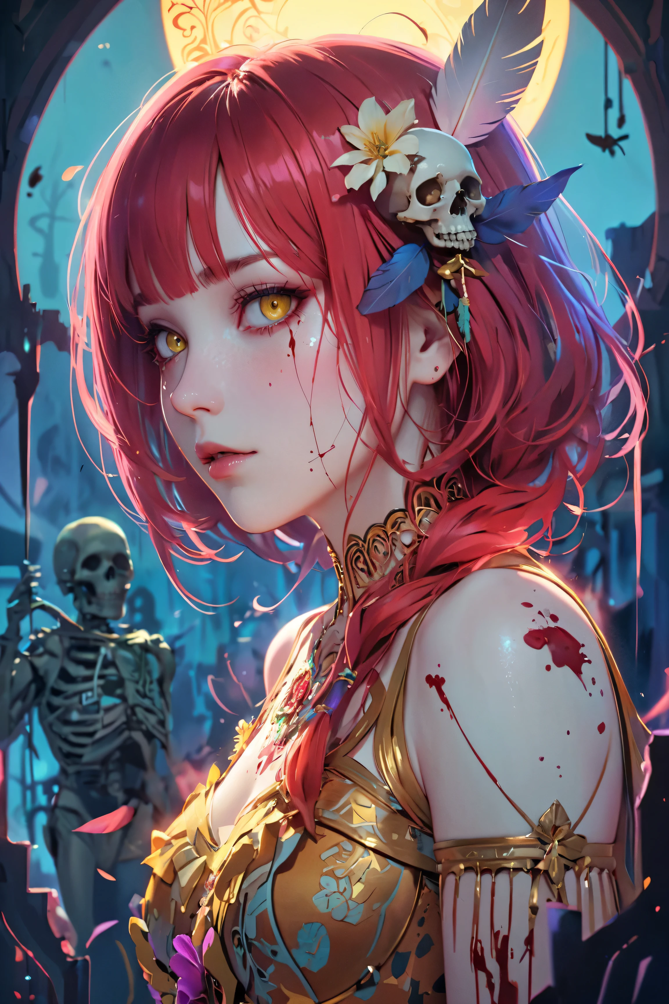 SFW,masutepiece, Best Quality, High resolution, 1girl, upper body, Details , detail hands, Detail fingers, Detail Face, detail legs, watercolor paiting, in graveyard, red hair, bobcut, wavy hair, tattered clothes, yellow eyes, zombie, skull, bone, (art nouveau:1.25), Maximalism artstyle, neon theme, suprematism, crying, beautiful detailed eyes, hyper detailed, beautifuly color, high details, high quality, back light, upper body, high quality, hair with body, cluster amaryllis, rotungwoka person, bow, in village, dead flower, bloody, indian, native american, feather, wing, plume