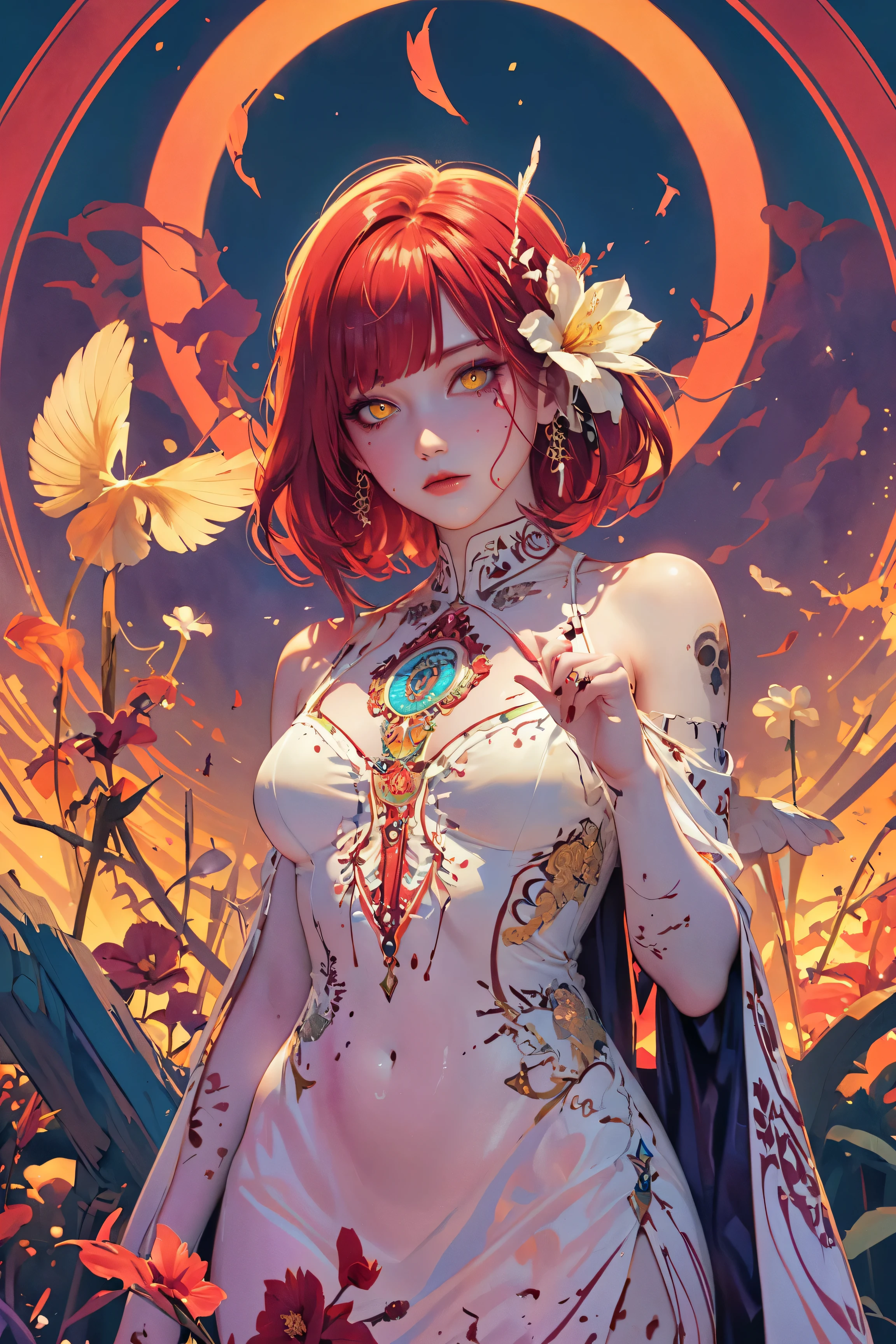SFW,masutepiece, Best Quality, High resolution, 1girl, upper body, Details , detail hands, Detail fingers, Detail Face, detail legs, watercolor paiting, in graveyard, red hair, bobcut, wavy hair, tattered clothes, yellow eyes, zombie, skull, bone, (art nouveau:1.25), Maximalism artstyle, neon theme, suprematism, crying, beautiful detailed eyes, hyper detailed, beautifuly color, high details, high quality, back light, upper body, high quality, hair with body, cluster amaryllis, rotungwoka person, bow, in village, dead flower, bloody, indian, native american, feather, wing, plume
