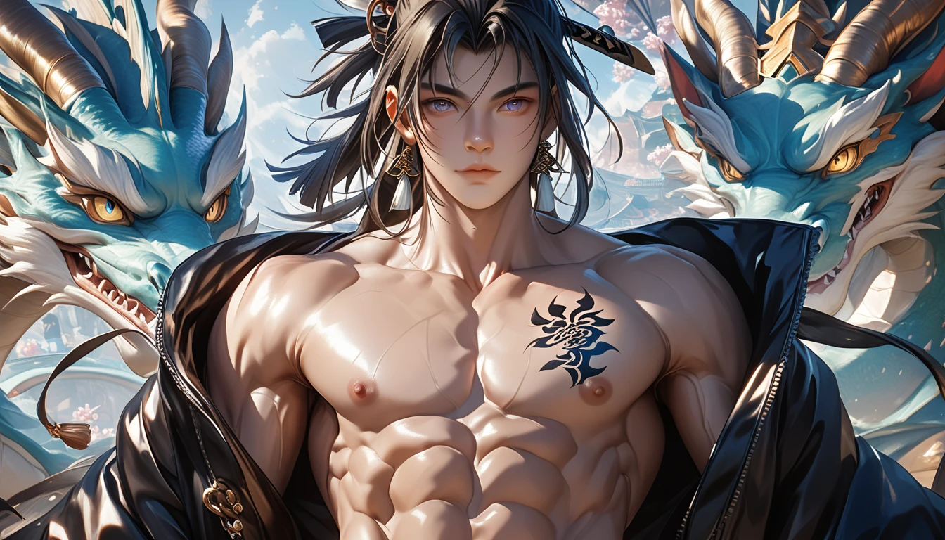 high quality, (stunning fantastic japanese skinny 18 y/o boy ), (detailed eyes), (black samurai style hair), (skinny abs), , (light shiny skin), looking with sweet expression, he is completely showing his small and a dragon tattoo on his , full body picture showing his