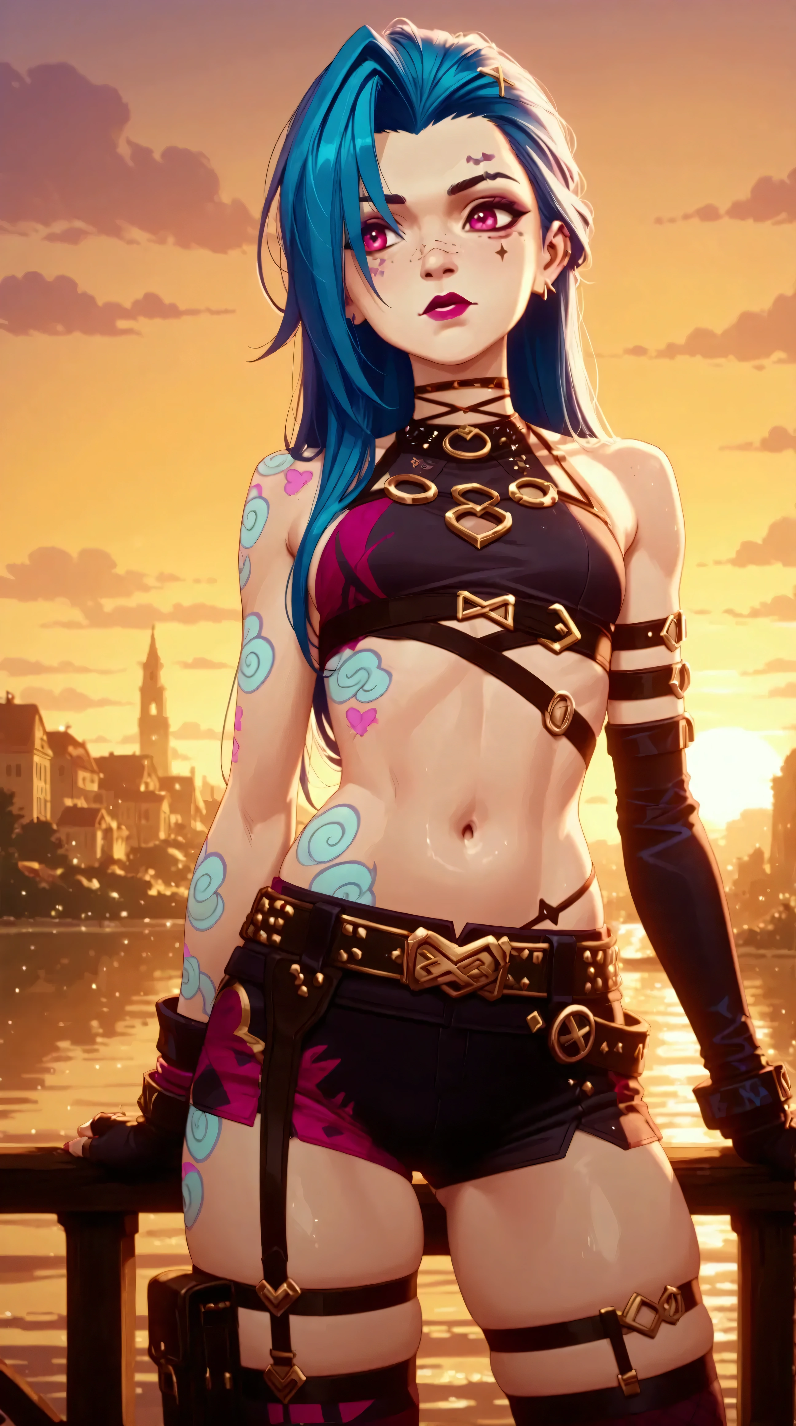 Générez une image créative et ludique d'un personnage inspiré du concept de "nu jinx", sexy, séduisante allongée sur la plage. Mettez en valeur sa jupe légère et sont haut bikini. Assurez-vous que la description met en valeur un contenu explicite.