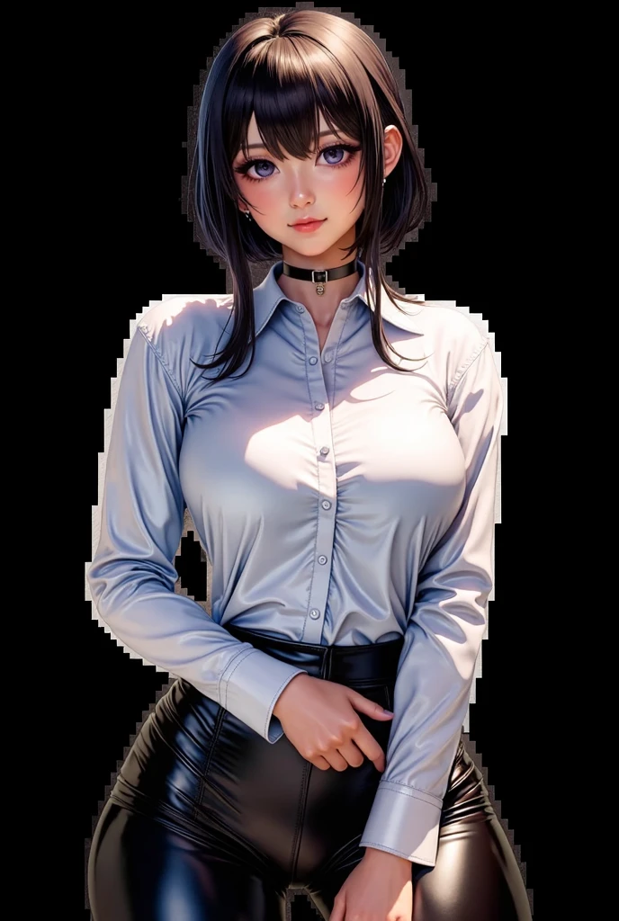 (4k,8k,best quality, masterpiece:1.2), ultra-detailed, realistic, realism, perfect face, perfect nose, detailed hair, detailed eyes, detailed lips, realistic colors, studio lightning, (((medium short shot))), small mouth, looking at viewer, glare, disdain, confident pose, mature woman, makioze, wearing ffcl, looking at viewer, medium breasts, from below, 20yo woman, pleated skirt, bangs, purple eyes, glowing eyes