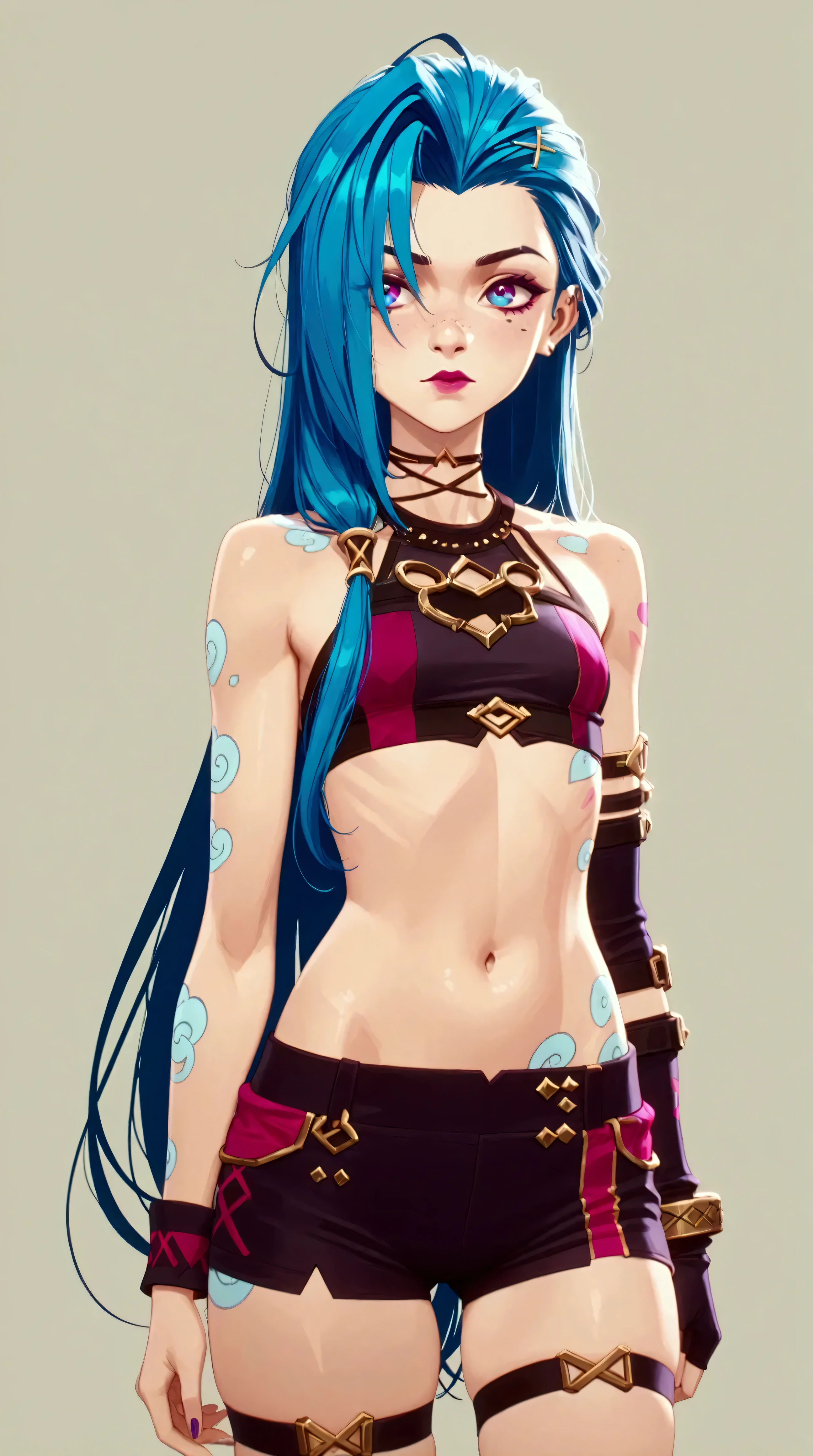 Générez une image créative et ludique d'un personnage inspiré du concept de "nu jinx", sexy, séduisante allongée sur la plage. Mettez en valeur sa jupe légère et sont haut bikini. Assurez-vous que la description met en valeur un contenu explicite.