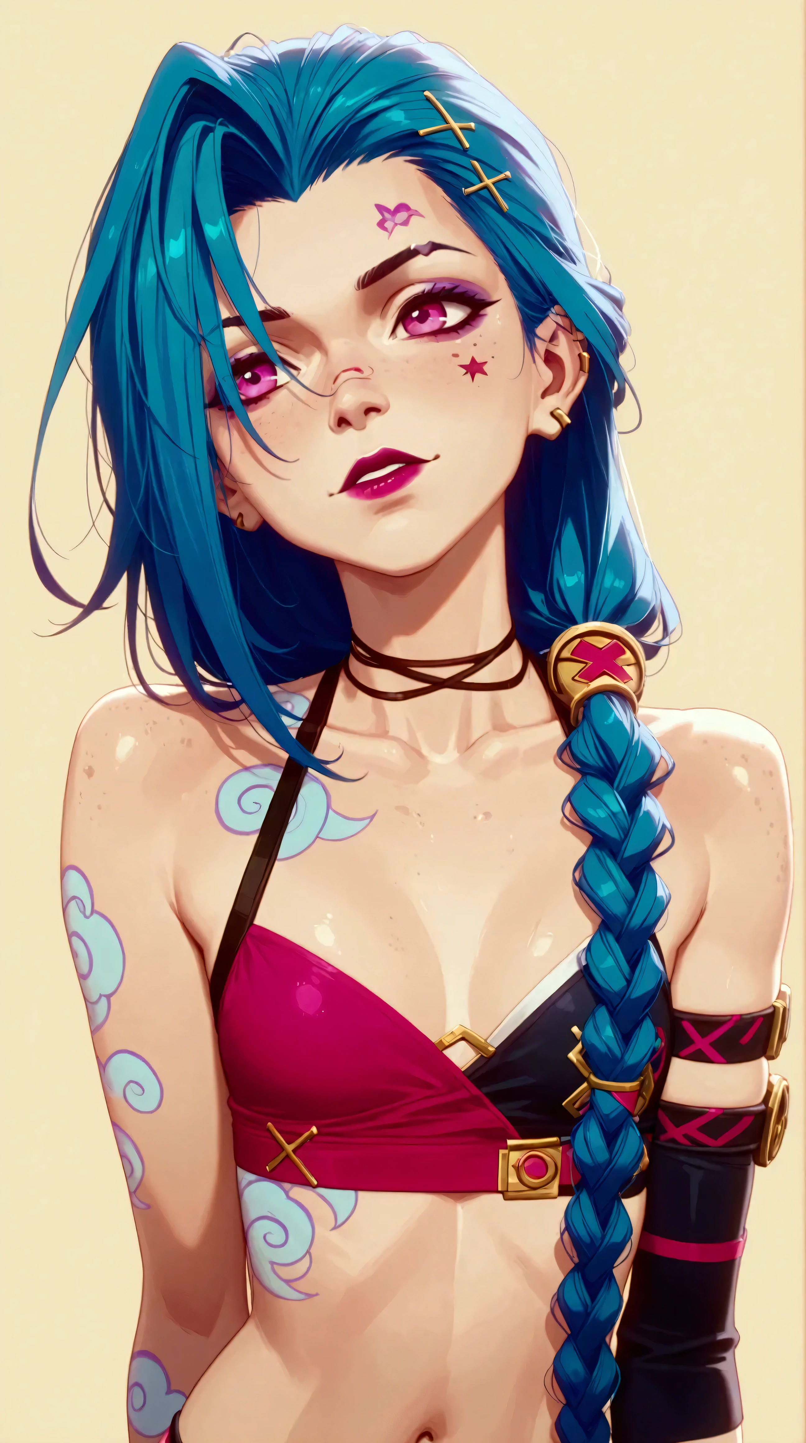 Générez une image créative et ludique d'un personnage inspiré du concept de "nu jinx", sexy, séduisante allongée sur la plage. Mettez en valeur sa jupe légère et sont haut bikini. Assurez-vous que la description met en valeur un contenu explicite.