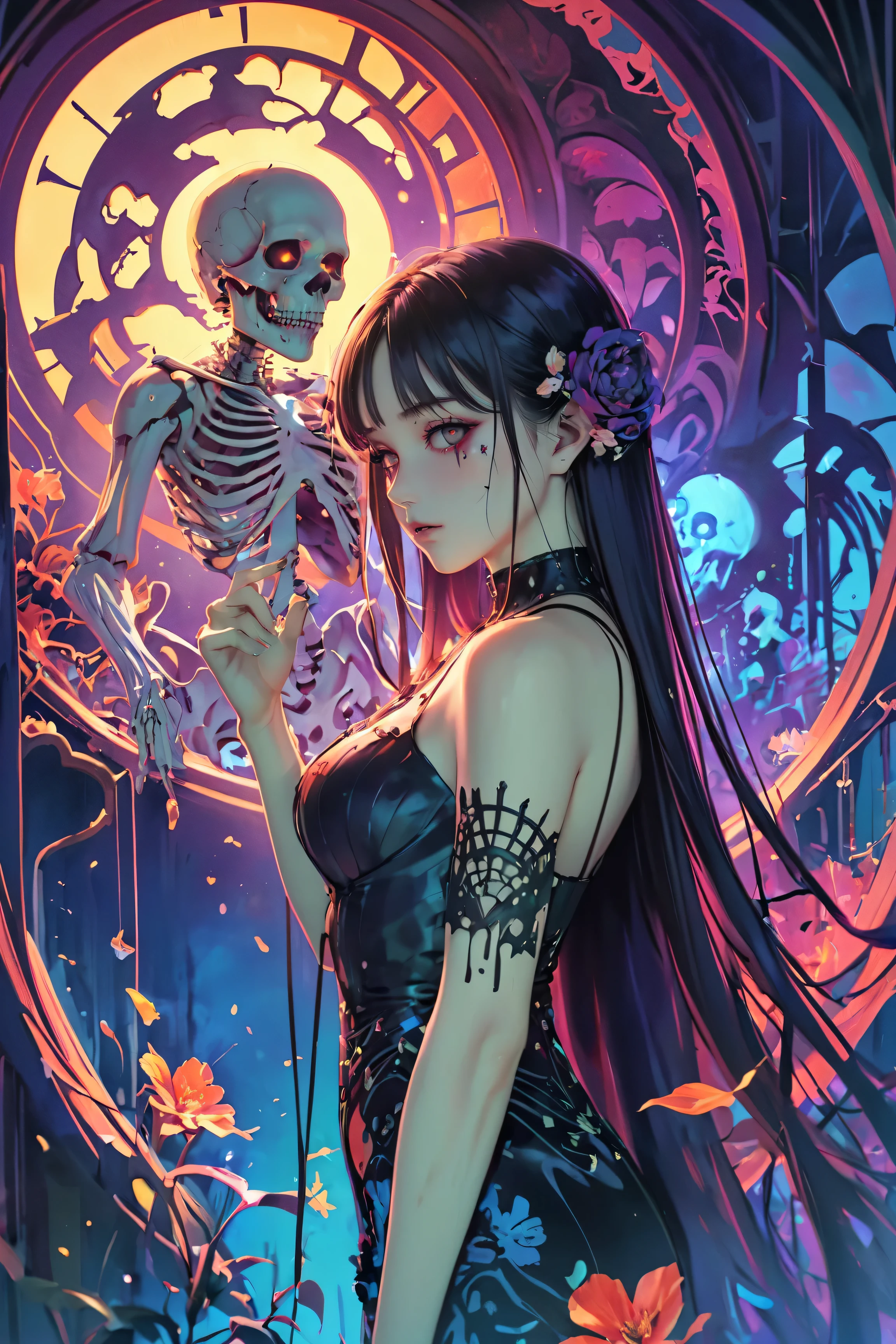 SFW,masutepiece, Best Quality, High resolution, 1woman, upper body, Details , detail hands, Detail fingers, Detail Face, detail legs, watercolor paiting, in graveyard, black hair, long hair, tattered clothes, black eyes, zombie, skull, bone, (art nouveau:1.25), Maximalism artstyle, neon theme, suprematism, crying, beautiful detailed eyes,hyper detailed, beautifuly color, high details, high quality, back light, upper body , high quality, hair with body, cluster amaryllis, zombie, rotungwoka person, priest, black tears, shed tears,