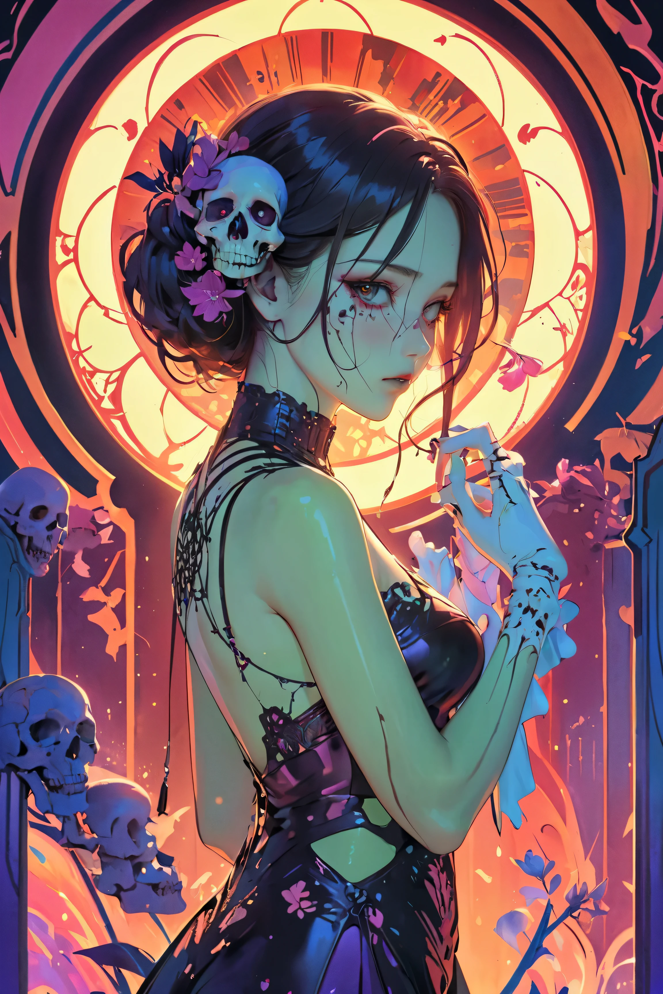SFW,masutepiece, Best Quality, High resolution, 1woman, upper body, Details , detail hands, Detail fingers, Detail Face, detail legs, watercolor paiting, in graveyard, black hair, long hair, tattered clothes, black eyes, zombie, skull, bone, (art nouveau:1.25), Maximalism artstyle, neon theme, suprematism, crying, beautiful detailed eyes,hyper detailed, beautifuly color, high details, high quality, back light, upper body , high quality, hair with body, cluster amaryllis, zombie, rotungwoka person, priest, black tears, shed tears,