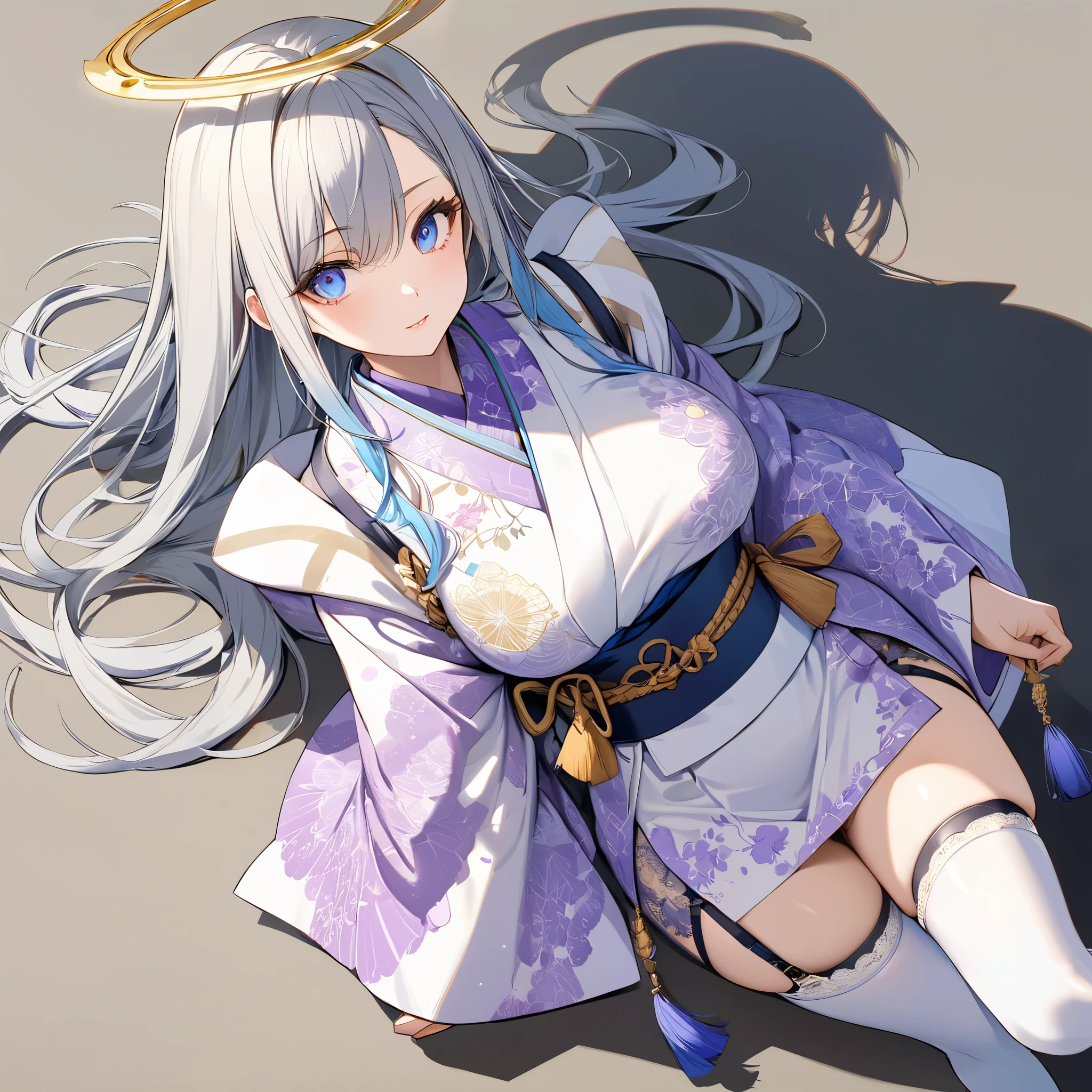 fresh illustration ,
Superfine painting,
best quality ,
very delicate illustration ,
Very fine details ,
beautiful attractive anime style ,
Super detailed drawing ,
illustration of a beautiful and sophisticated girl,
full body view,
Height: 158cm,
Fair skin,
((((((The right eye is blue and the left eye is purple)))))
(((((Complete iris heterochromia ))))),
large black pupils ,
beautiful eyes,
Shiny super long hair ,
The hairstyle matches the outfit ,
Gray Hair,
The root of the hair is blue,
The hair has gradation ,
Half of my forehead is sticking out ,
pretty and cute face ,
Cheeks are ruddy,
Lowering the eyebrows,
since age 27,
A highly colored kimono with a super flashy pattern on the upper body,
lower body Nadres ,
The color of the band matches the kimono and is tastefully embroidered with gold thread,
fine fabric clothing ,
Shoulder-width narrower shoulders,
mega breasts,
Isometric,
Golden Ratio,
wearing a padded collar innerwear ,
tactical use of shadows ,
( The hair and the halo on the head do not extend beyond the frame),
(Clothes don't stick out of the angle of view ),
A garter belt that shines better than the color of my clothes ,
stockings ,
The thigh strap cuts into the skin,
ivory-colored lace panties ,
The tips of the white long boots are Japanese style ,
thin waist,
The color of the slightly thick thigh ,