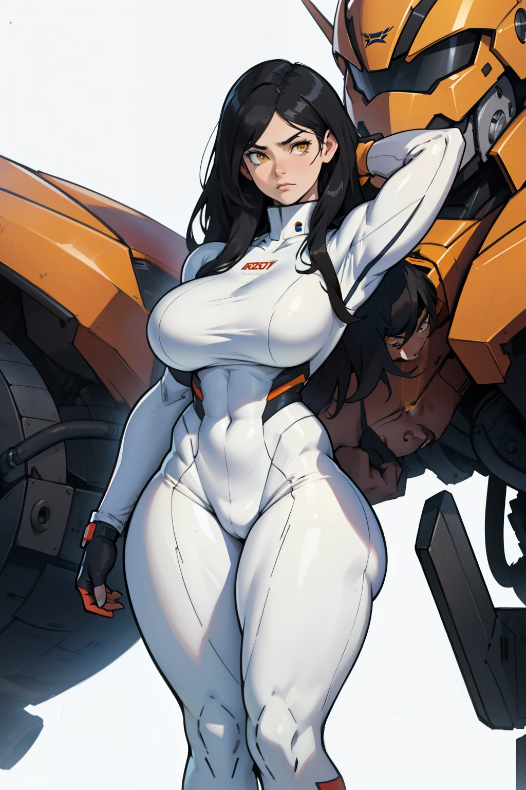 (((muscular 1 girl))) (thick thighs perky breasts wide hips curvy toned body pilot suit bodysuit) angry yellow eyes black hair long hair pale skin