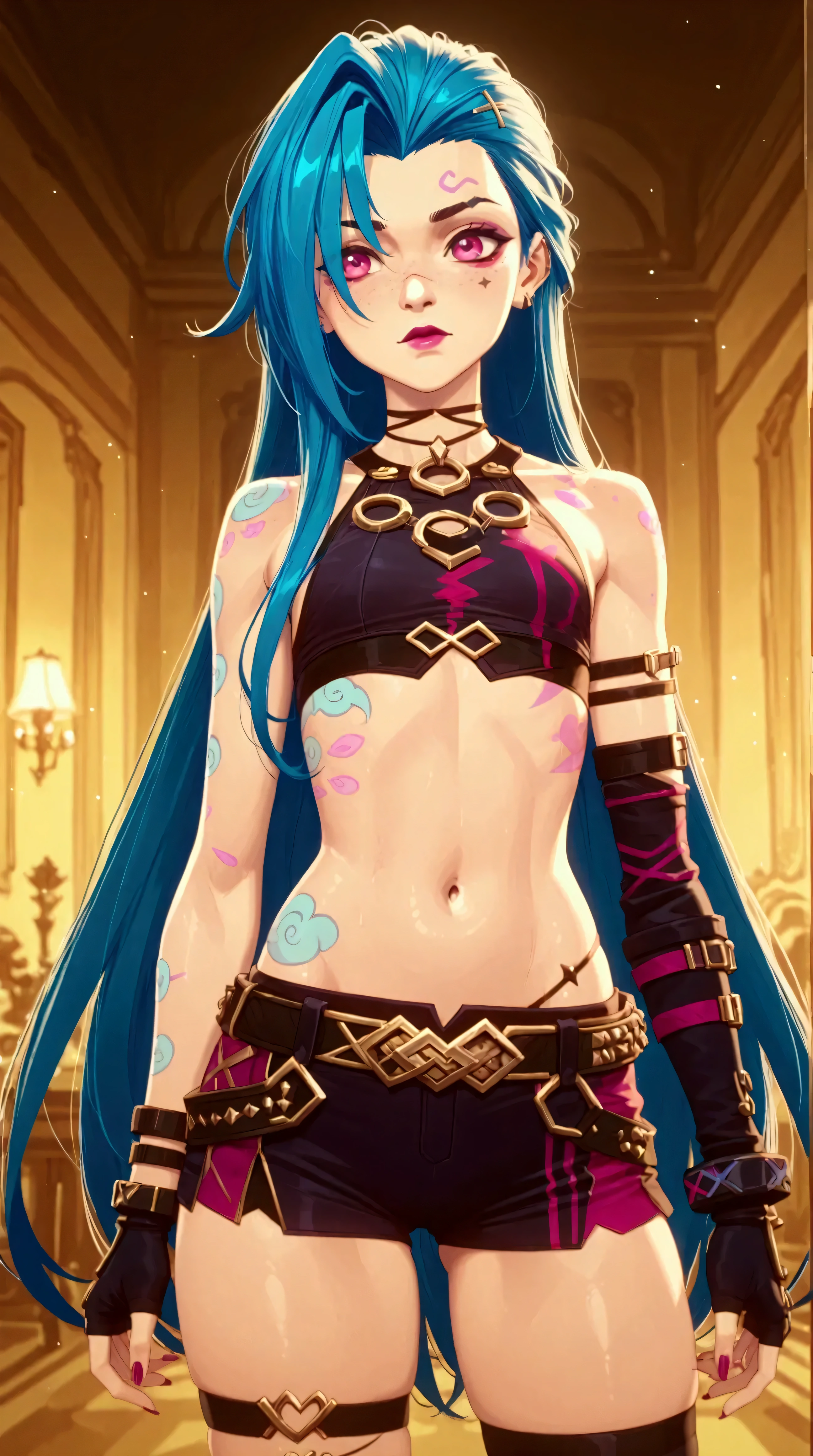 Générez une image créative et ludique d'un personnage inspiré du concept de "nu jinx", sexy, séduisante allongée sur la plage. Mettez en valeur sa jupe légère et sont haut bikini. Assurez-vous que la description met en valeur un contenu explicite.