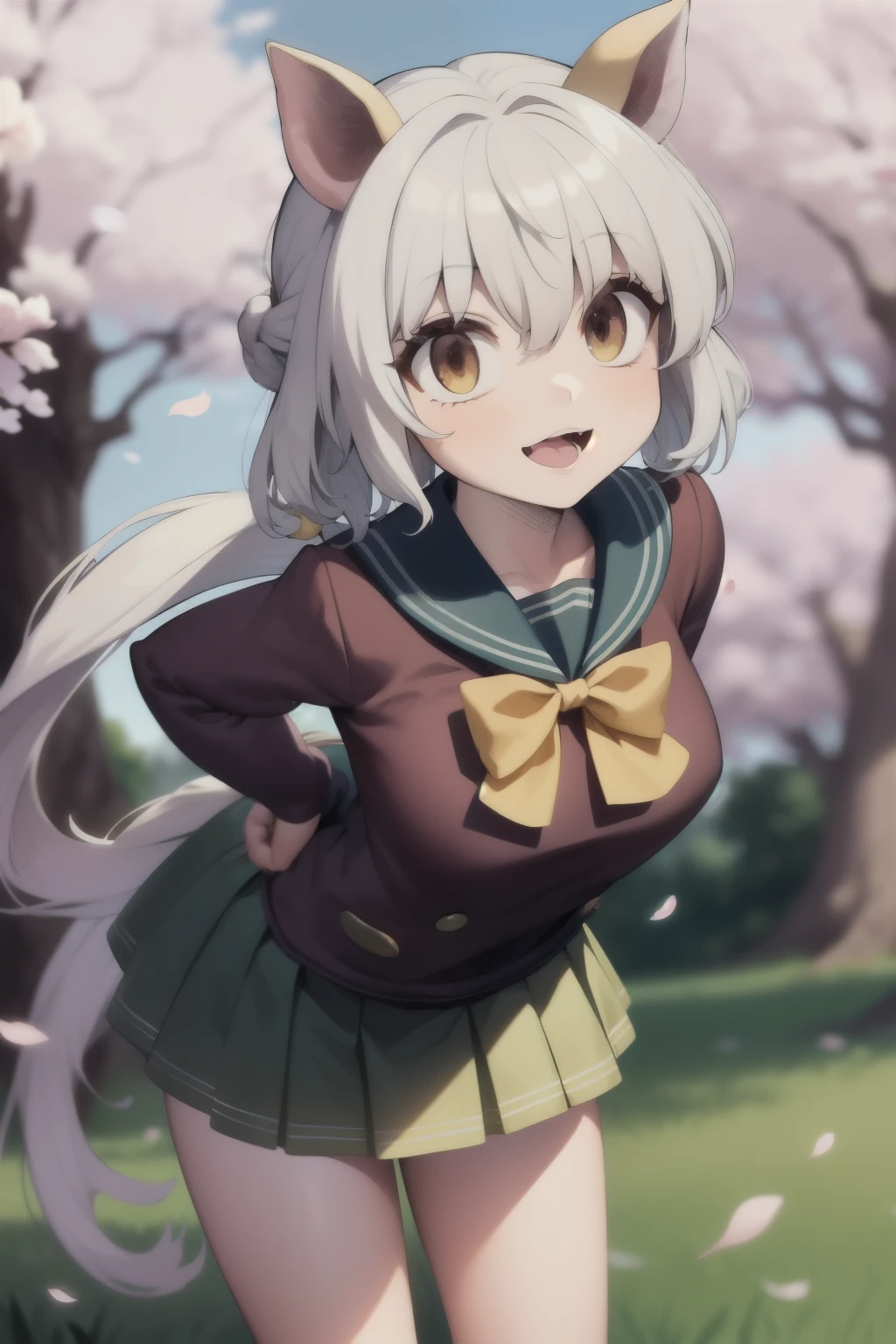 masterpiece, best quality, highres, ddsato, long hair, half updo, braid, hair between eyes, animal ears, ear ornament, horse tail, center frills, brown sailor collar, yellow bow, brown shirt, long sleeves, green skirt, arms behind back, leaning forward, smile, open mouth, outdoors, cherry blossoms,