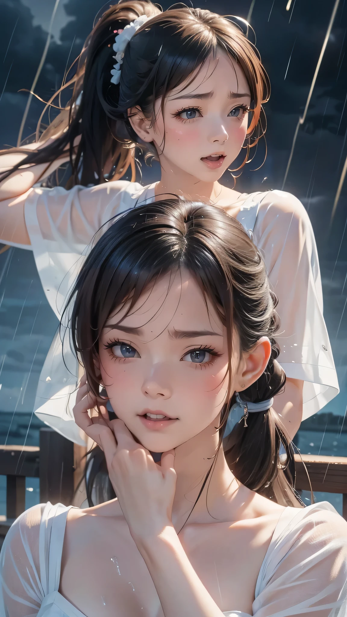 最High quality,High quality,Best picture quality、,8k,最high resolution,high resolution,最High quality,Masterpiece,raw photos,whole body photo,Realistic human body in every detail,Realistic skin in every detail,Realistic faces in every detail,Realistic eyes go deep into the details,Realistic lips in every detail,Realistic teeth in every detail,Realistic ears down to the last detail,I was realistic to the last detail,Realistic arms down to the last detail,Realistic creation of every detail,Realistic fingers in every detail,(good hand,thumb1refer4),Realistic feet in every detail,Realistic feet in every detail,Realistic breasts to the last detail,Realistic areola in every detail、Realistic tits to the last detail,((beautiful Japan girl)),(Japan model),(Japan woman),((Beautiful girl, 20 years old)),(black hair,straight hair,ponytail),((Whole body,beautiful upturned breasts)),(Sleek and sleek,Sleek, stylish shape,whole body glossy skin),(Beautiful skin,Detailed and realistic human body,Realistic fine finish),realistic detailed face,Realistic detailed fingers,Realistic foot detail,The chest has realistic details.,((มืด cold stormy weather)),((Rain showers)),((Heavy rain)),((The school's large swimming pool)),Sexy bikini maid outfit,Japan ,((Rain showersの中,(Girl standing by the school swimming pool)),((It was wet and see-through.,Sexy bikini maid outfit)),((Rain showersを浴びて(Juicy skin from head to toe)),((Rainwater drips from the skin.)),((The lines of her body were clearly visible through her uniform., which was wet and clinging to her skin.)),((Rainwater dripped from the uniform.))