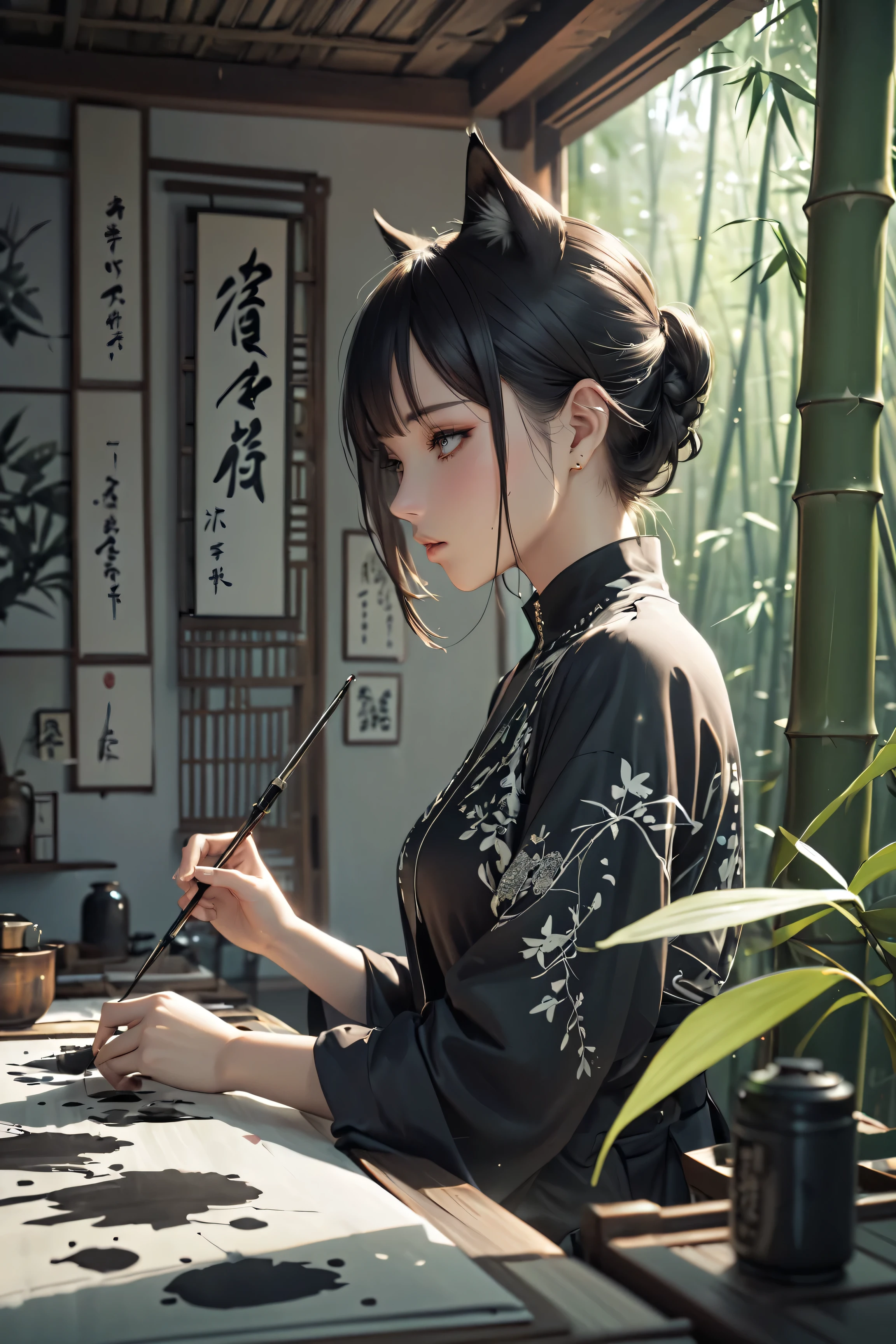 (( serene bamboo forest :1.2))、junkotvv cat ears, black long hair, ink painting、Hanging scroll、(of the highest quality、4k、8K、 high resolution 、 Masterpiece:1.2)、 super detailed 、(real、photorealistic 、photorealistic :1.37)、 intricate brushstrokes 、natural light、 A calming color palette、 atmosphere 、quiet、calm、 Oriental Aesthetics 、Sumi-e style、 minimalist composition 、 dynamic composition 、harmony、Like Zen 、ethereal、 High-quality meditation 、(((ink painting)))。