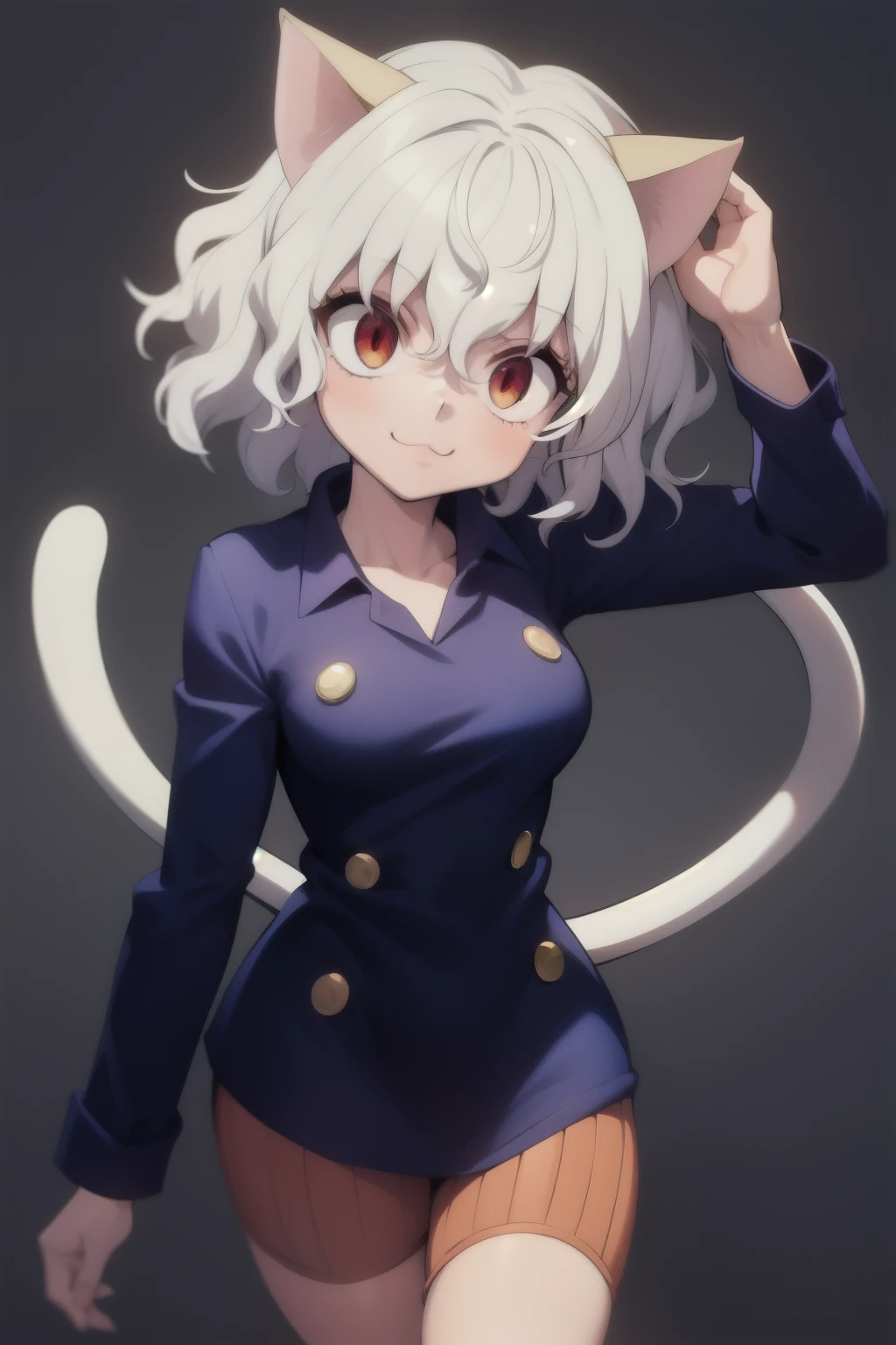 1girl, impitou, orange shorts, blue shirt, buttons, long sleeves, :3, curly hair, red eyes, cat tail,pose