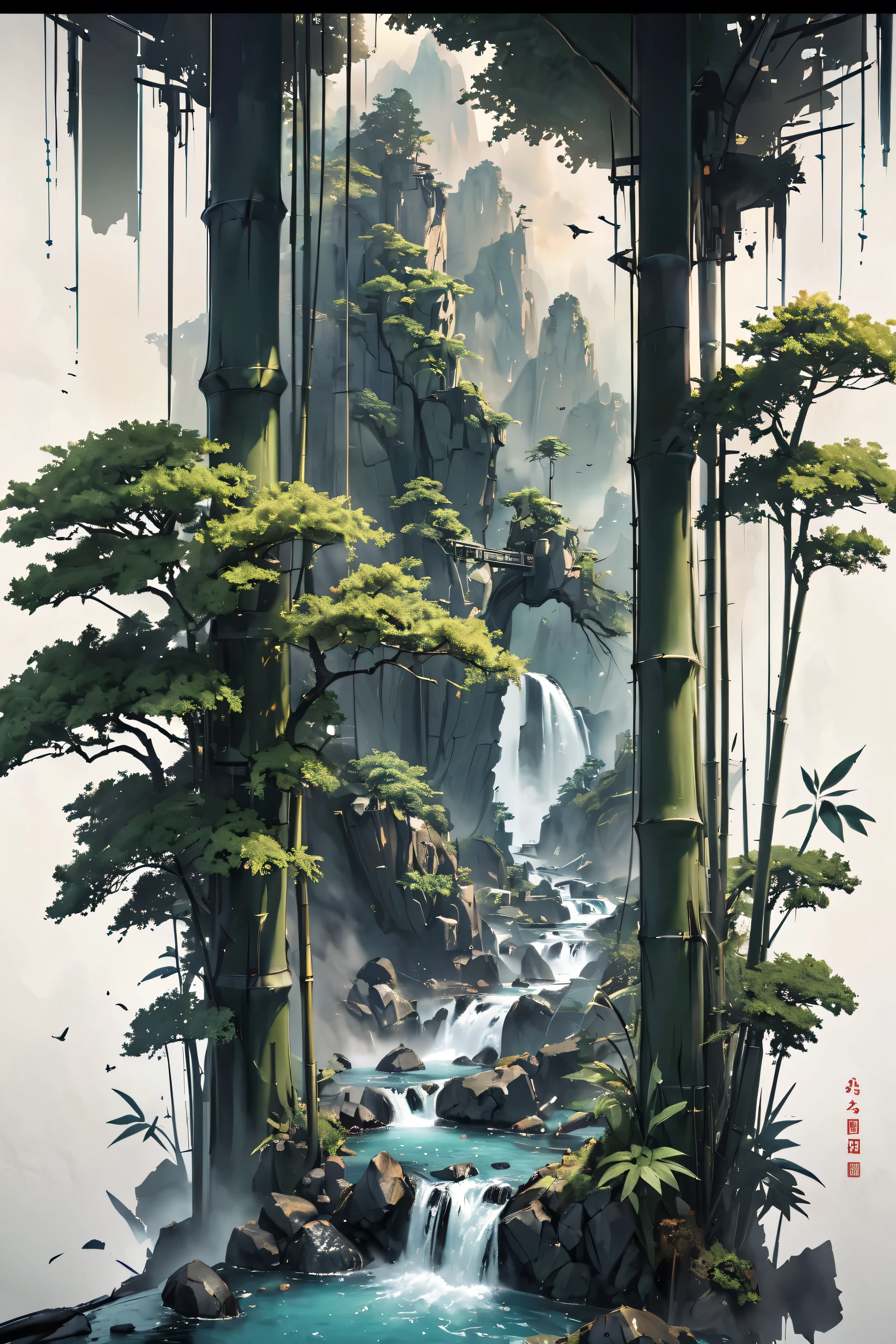 (( serene bamboo forest :1.2))、junkotvv cat ears, black long hair, ink painting、Hanging scroll、(of the highest quality、4k、8K、 high resolution 、 Masterpiece:1.2)、 super detailed 、(real、photorealistic 、photorealistic :1.37)、 intricate brushstrokes 、natural light、 A calming color palette、 atmosphere 、quiet、calm、 Oriental Aesthetics 、Sumi-e style、 minimalist composition 、 dynamic composition 、harmony、Like Zen 、ethereal、 High-quality meditation 、(((ink painting)))。