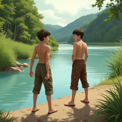 Two boys swimming in a pond
