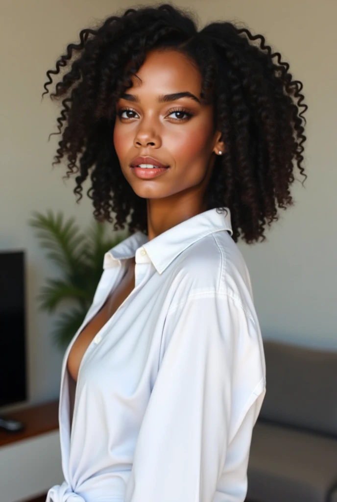 Black dark skinned woman, light brown hair with curls, big brown eyes, small nose, thick lips, white teeth with braces, medium sized chest, a white shirt, black jean pants, freckles on nose
