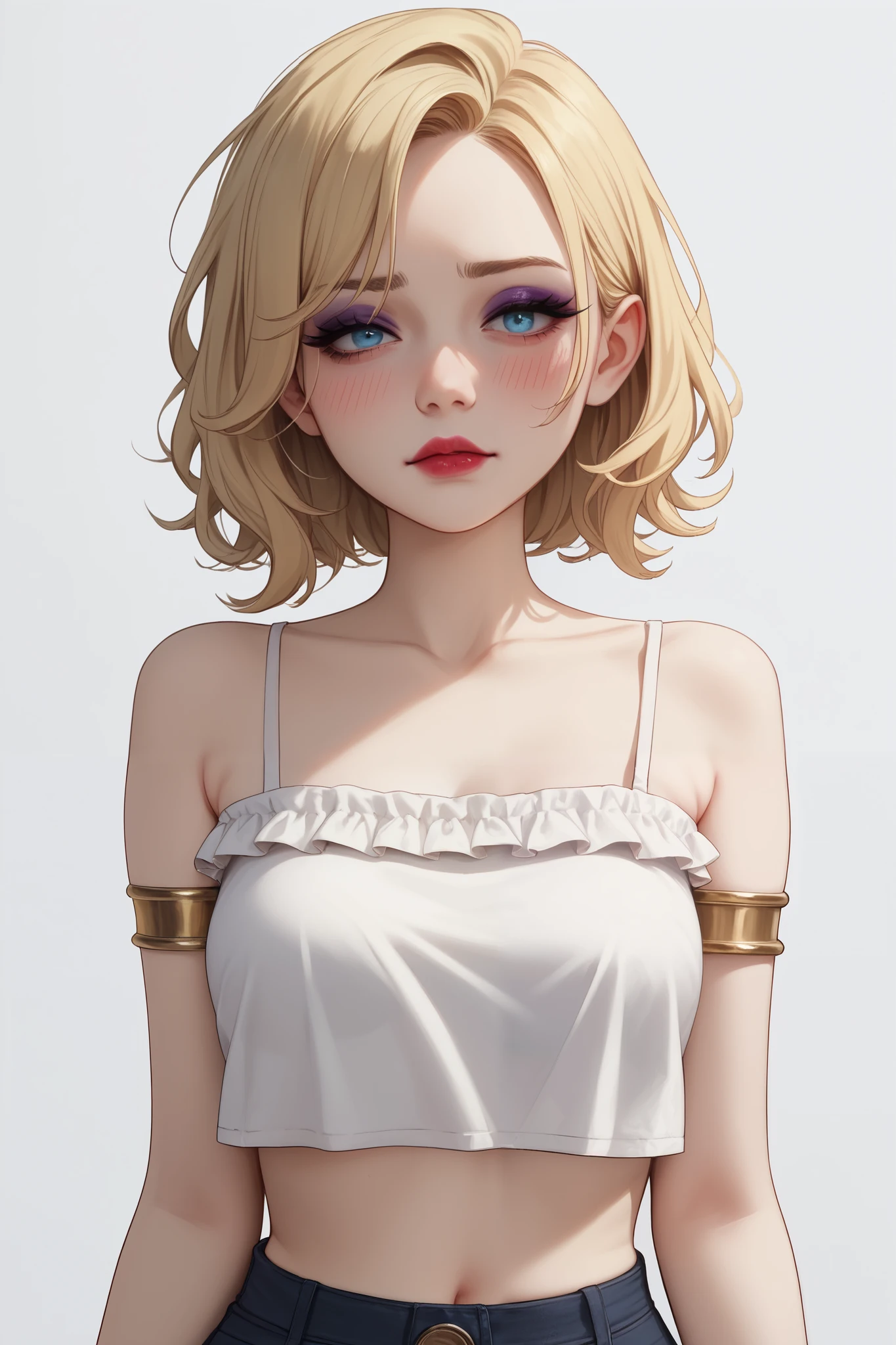 1woman, pretty face, gorgeous blue eyes, mid-length hair, loose white sleeveless croptop, frilled miniskirt, shoulders out, arms out, bright pink blush, blonde adult, 30-years old woman, humble face, confident eyes, has a crush on you, golden bracelets, sleek golden armlets, pale matte lipstick, matte smoky dark purple eyeshadow, black eyeliner, eyelashes, delicate body, delicate frame, perfect skin, perfect complexion, matte make-up