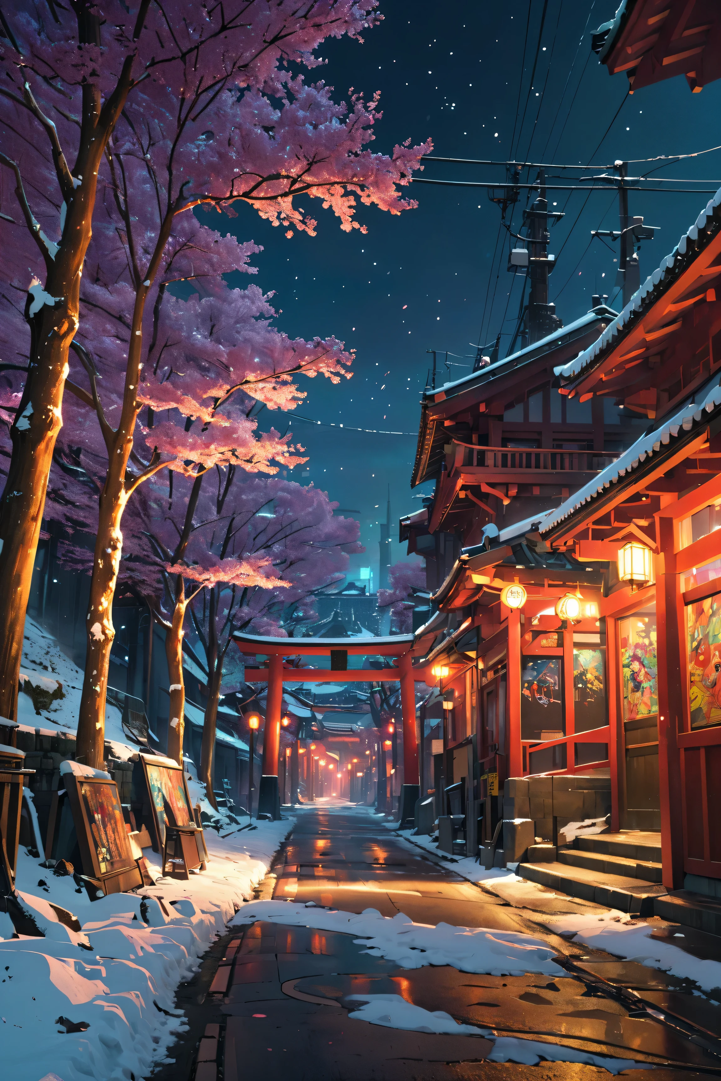 masterpiece, concept art, wide shot, panoramic, (a street full of graffiti at night with a torii gate in the distance), (winter), snowy, a detailed matte painting, by Makoto Shinkai, widescreen shot, driveway, sakura trees-lined path, miyazaki's animated film, endless night, sakura trees along street, art for the film in color, detailed digital anime art, (epic composition, epic proportion), HD