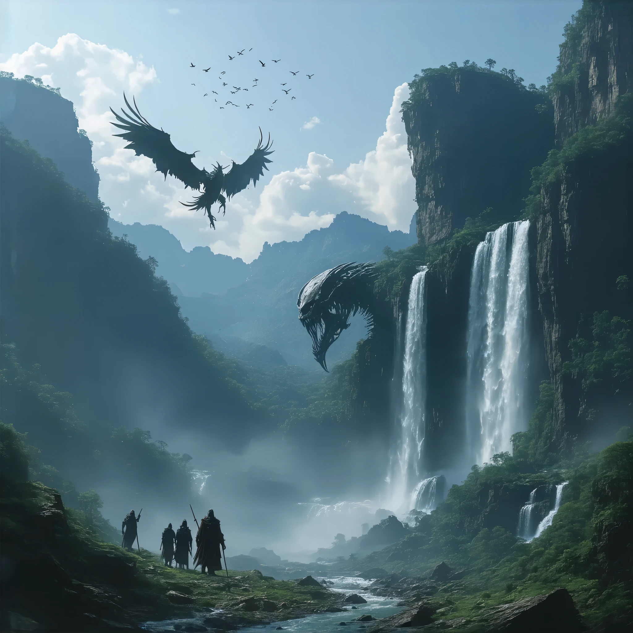 A landscape, the bones of an ancient gigant demon on a ravine, wsterfalls, forest, lush, river, vegetarion, mountain, explorers wstching from.sfar the scenery, clouds in the sunny sky, birds flying,